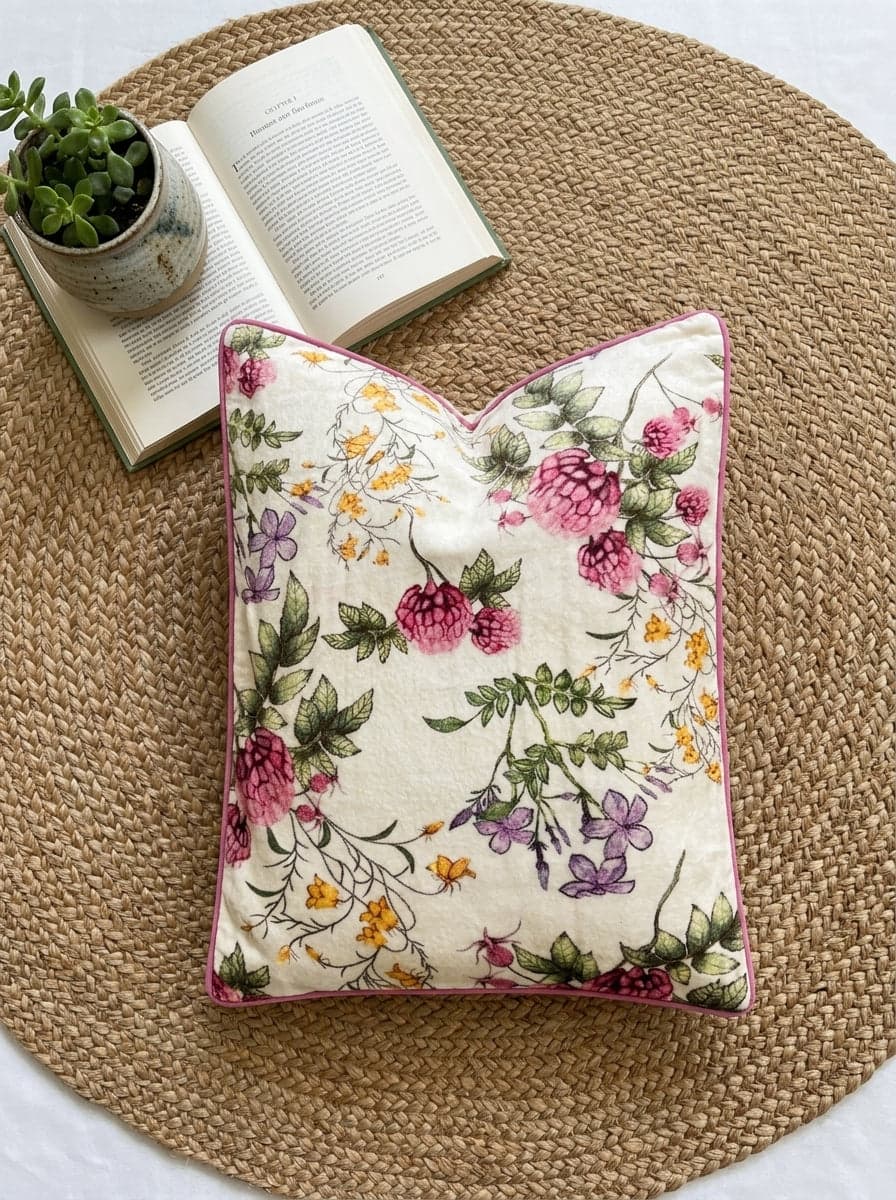 White Velvet Rectangular Floral Printed Cushion Cover