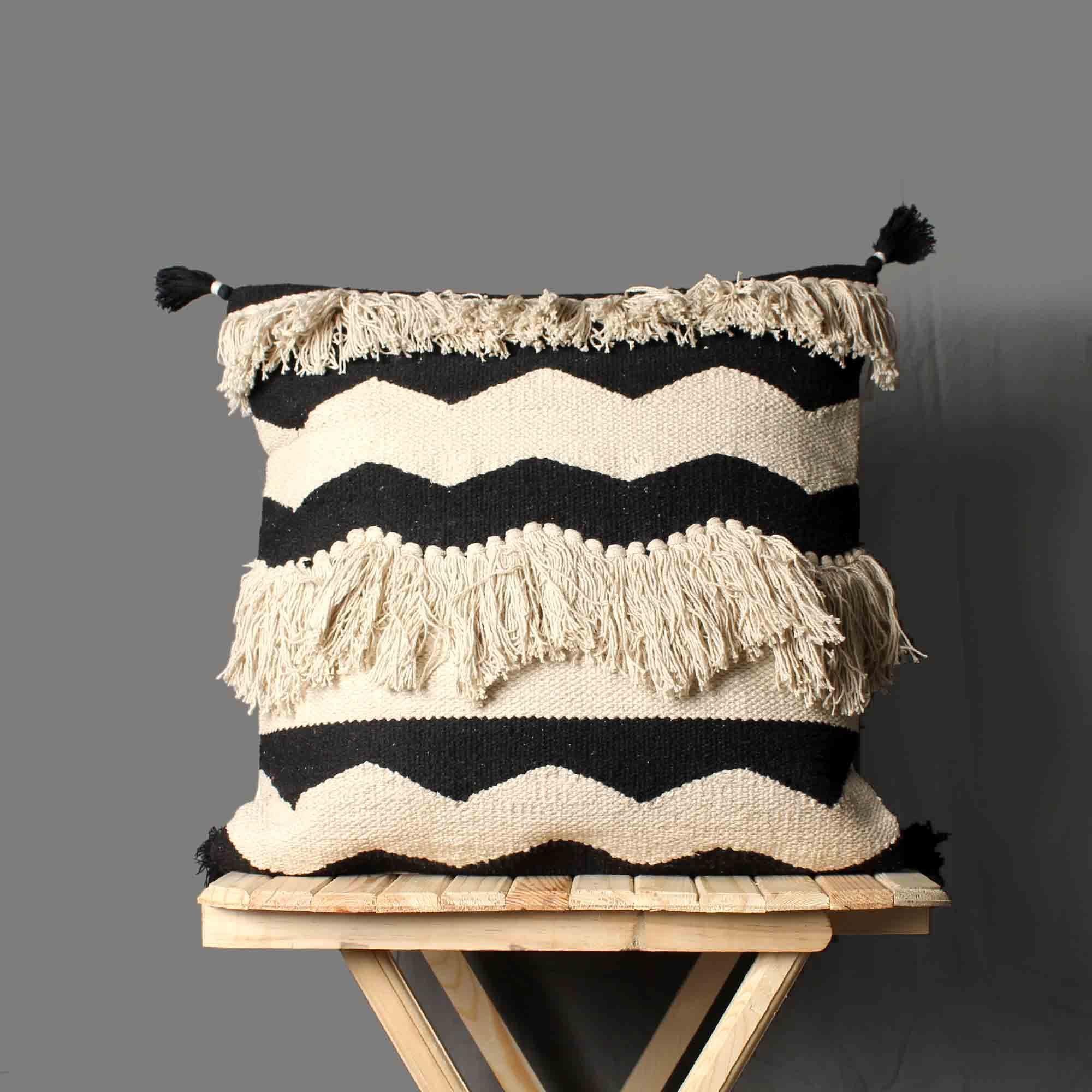 Beige & Black Squared Hand-Woven Cotton Cushion Cover