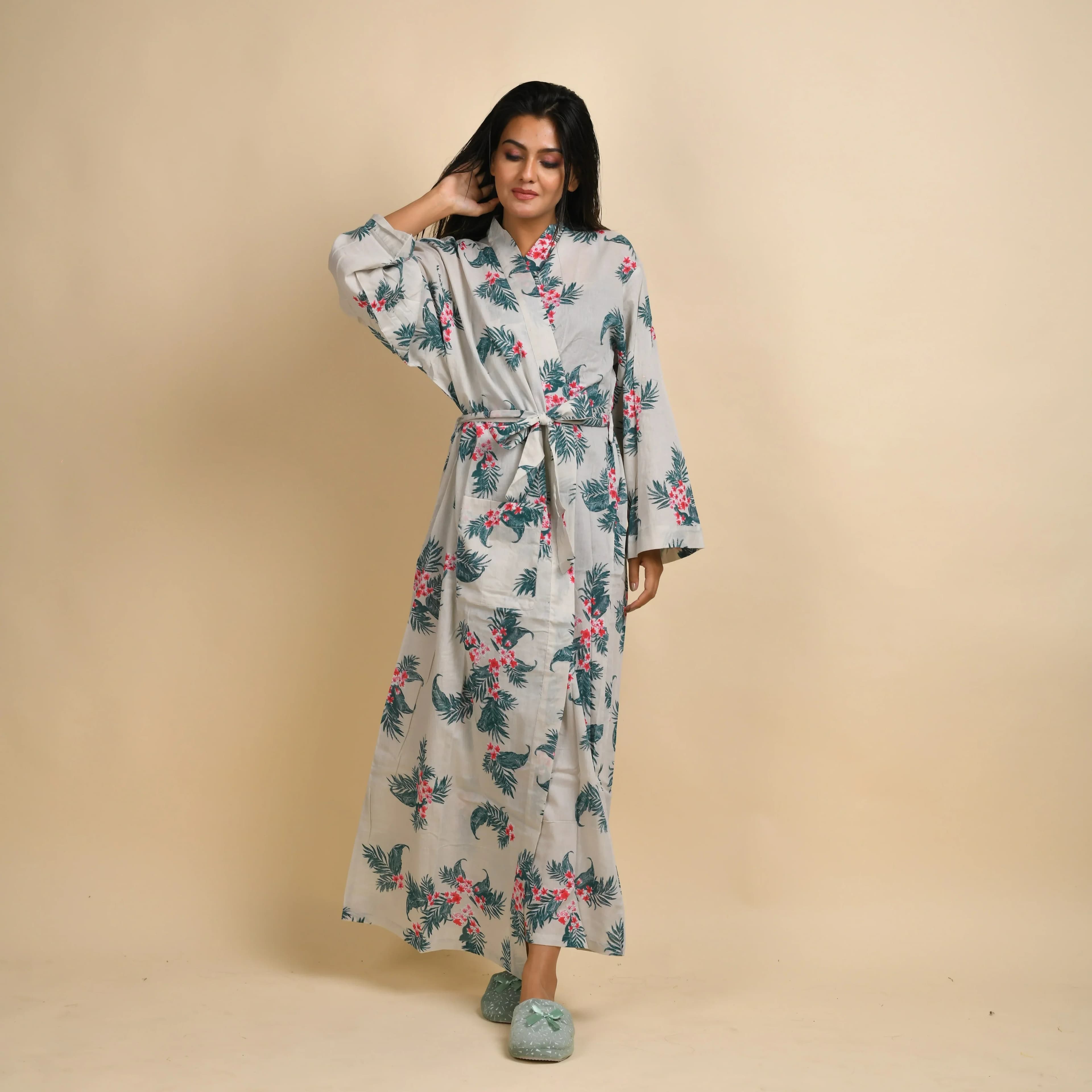 Hand Printed Leaf Cotton Kimono Robe