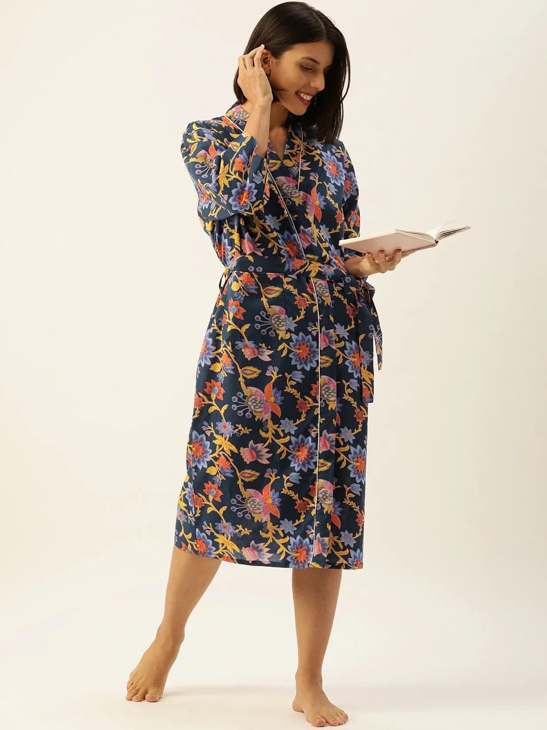Blue Multi-Colour Pure Cotton Kimono Robe