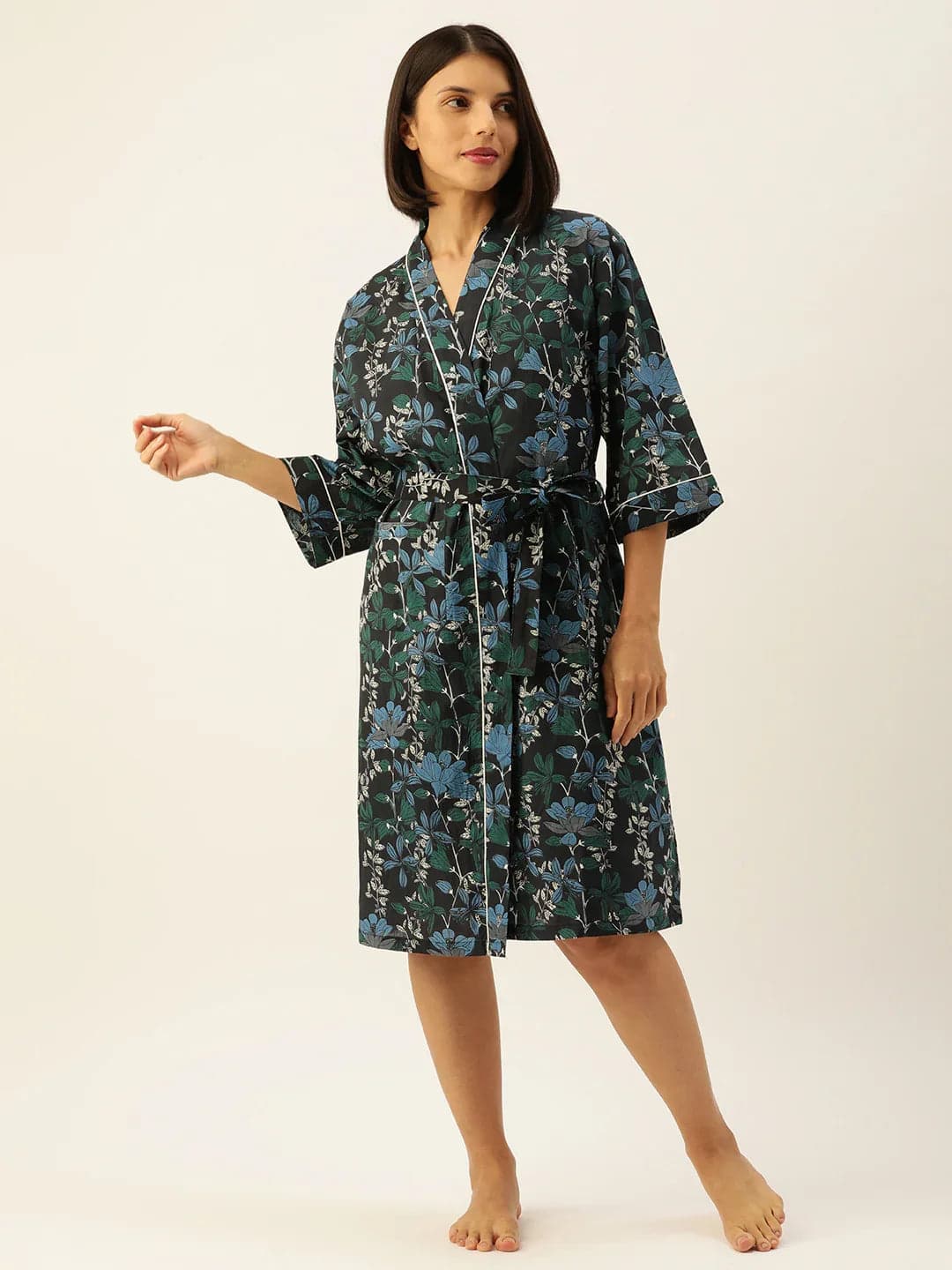 Green Blue Multi-Colour Pure Cotton Kimono Robe