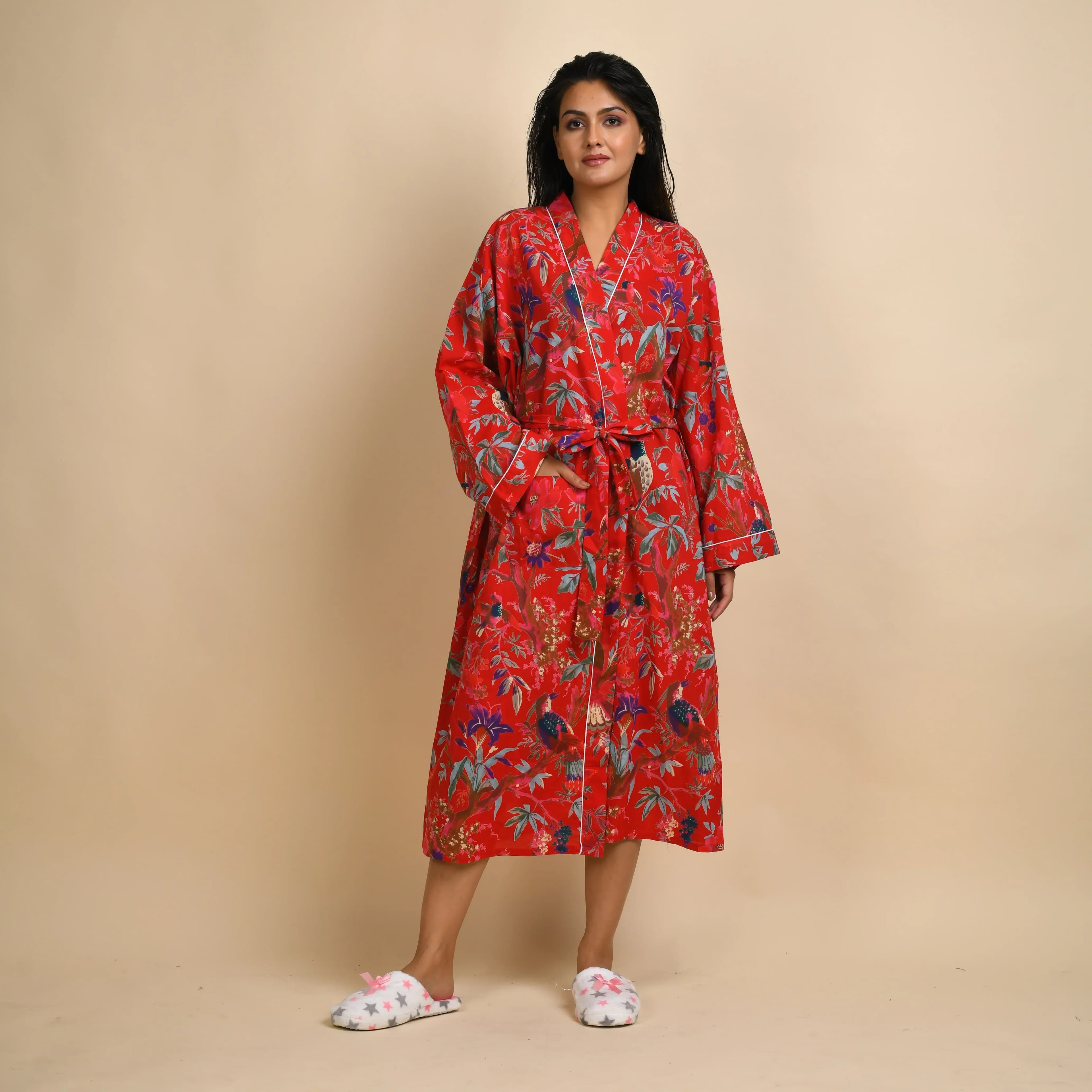 Red Pure Cotton Kimono Robe