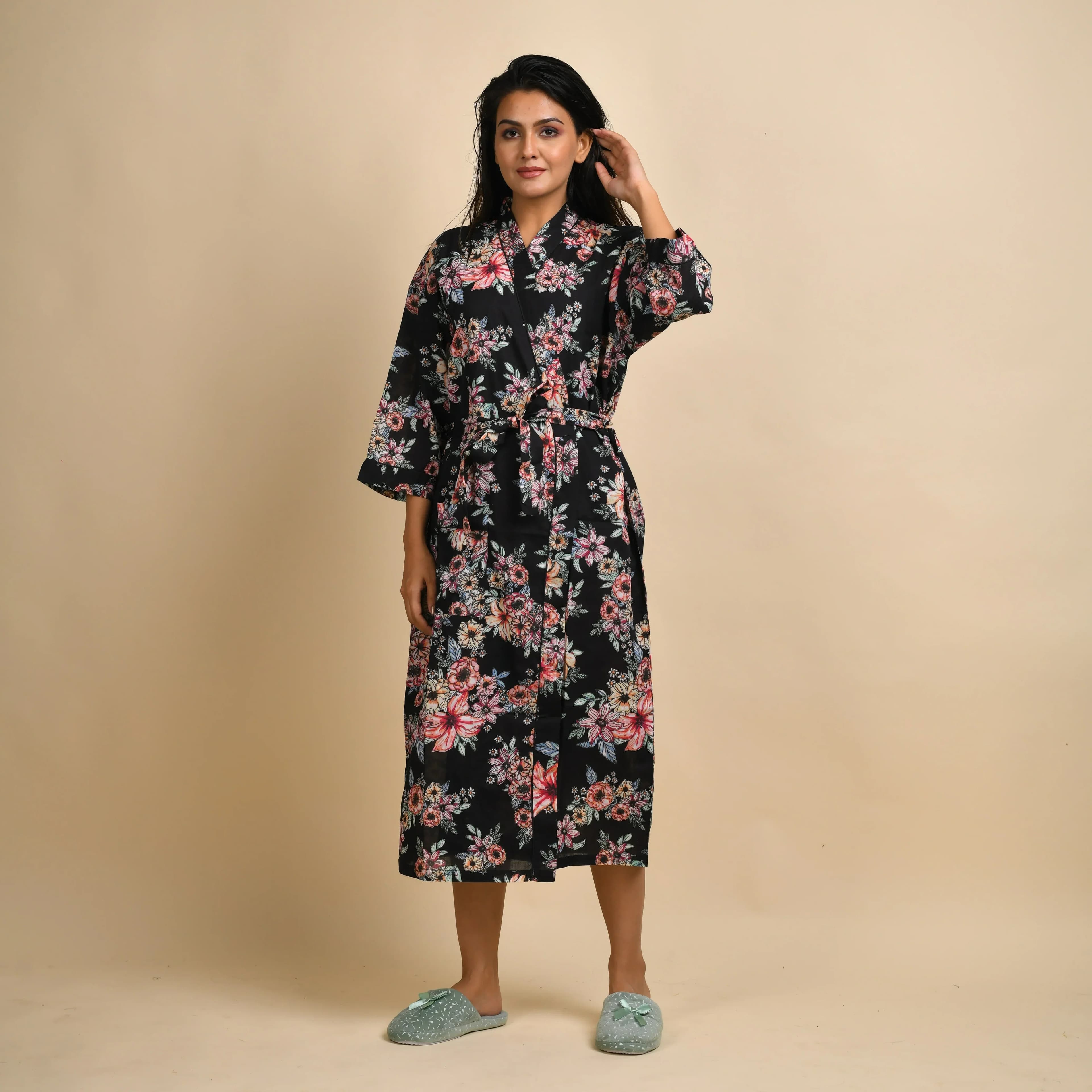 Black Cotton Hand Printed Kimono Robe