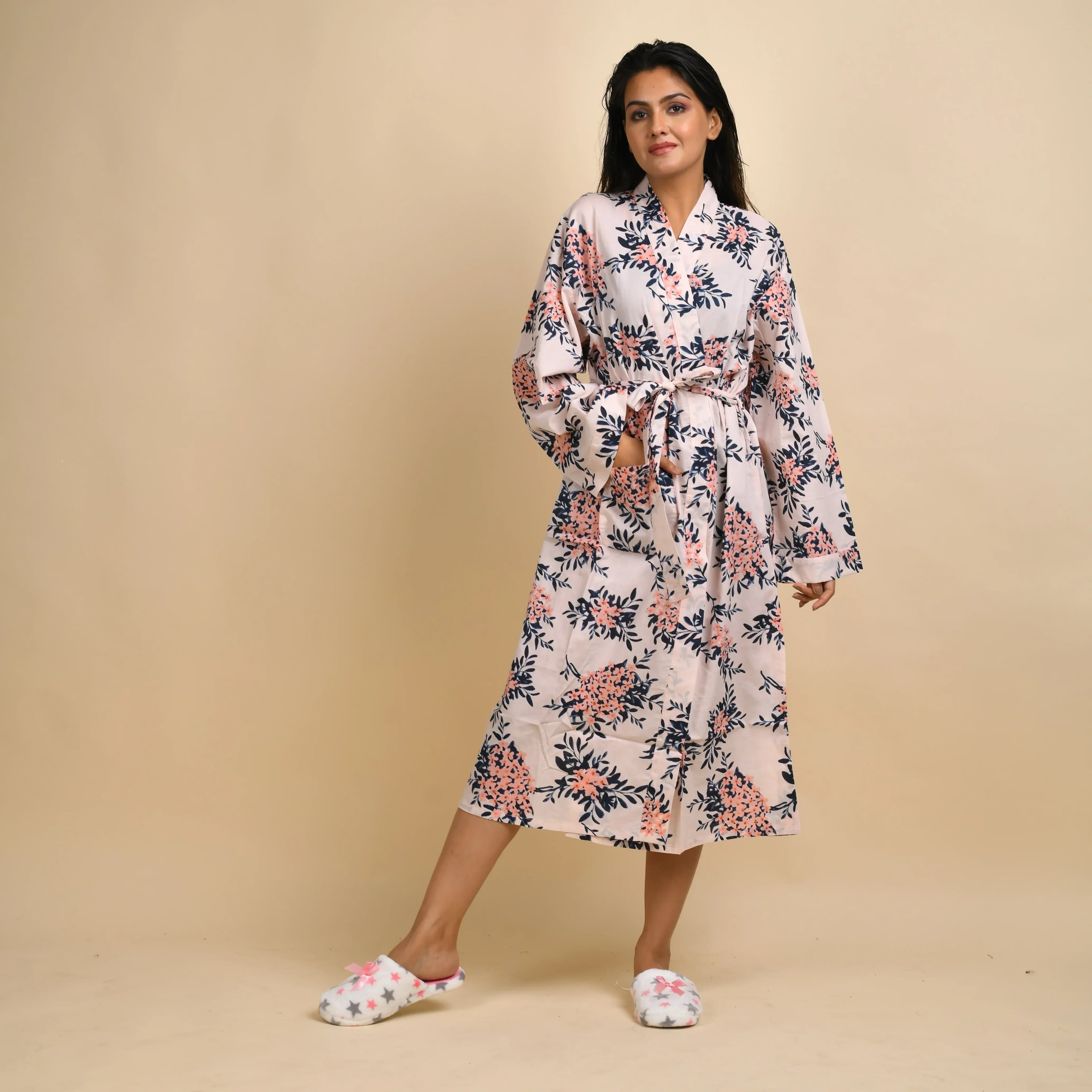 Cream Pink Cotton Hand Printed Kimono Robe
