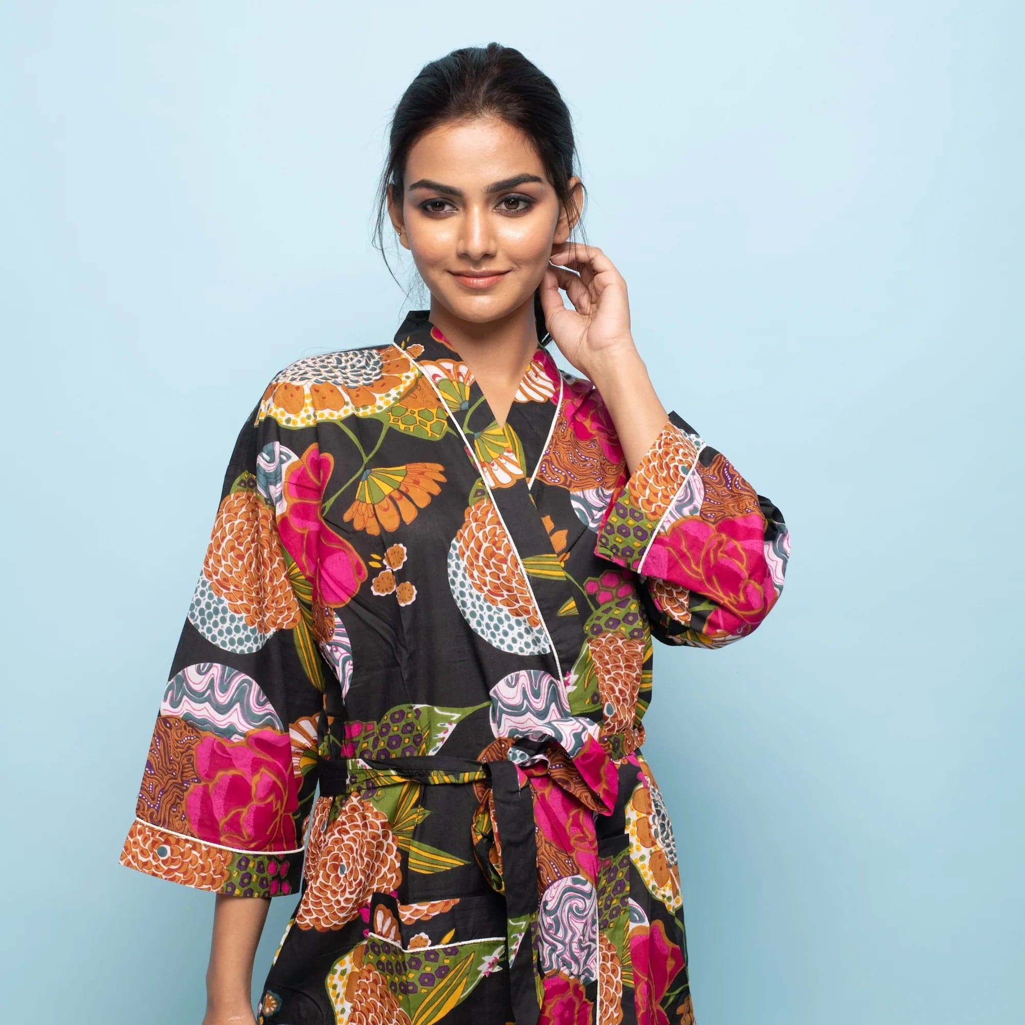 Multi-Color Cotton Hand Printed Kimono Robe