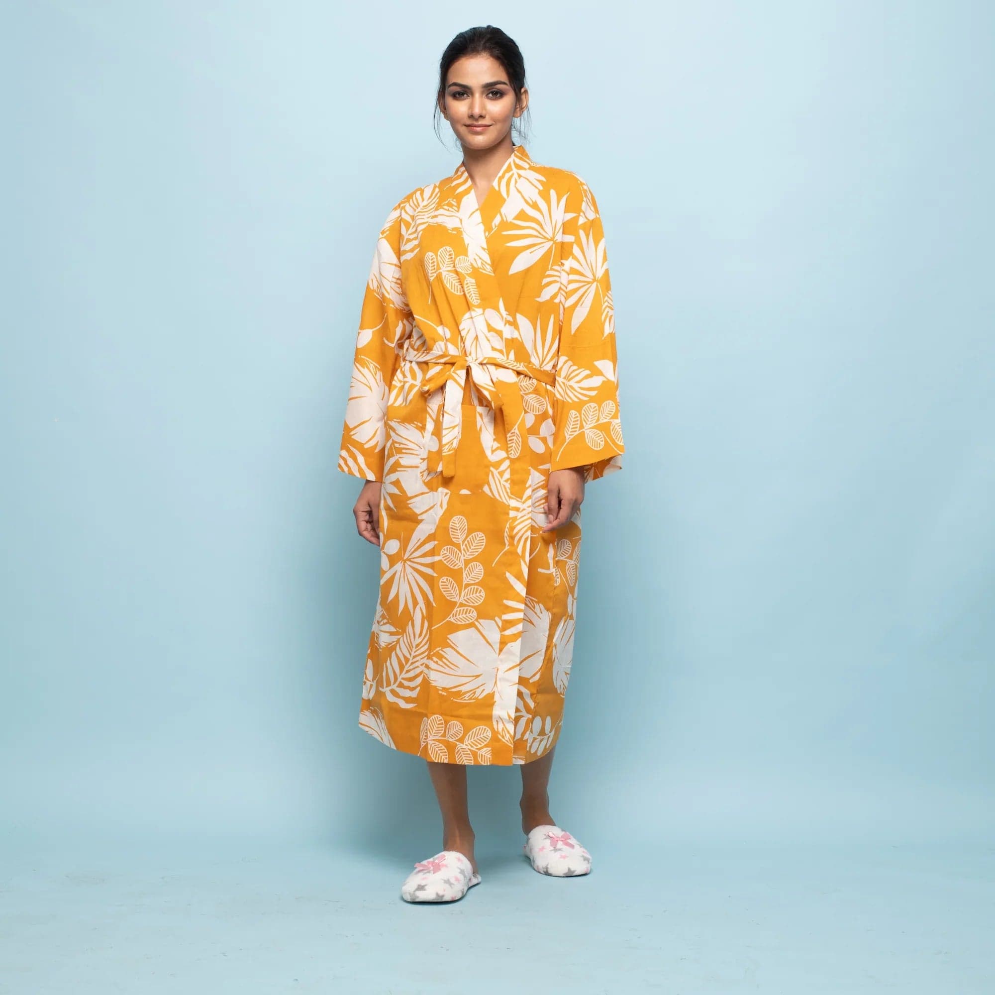 Yellow Cotton Hand Printed Kimono Robe
