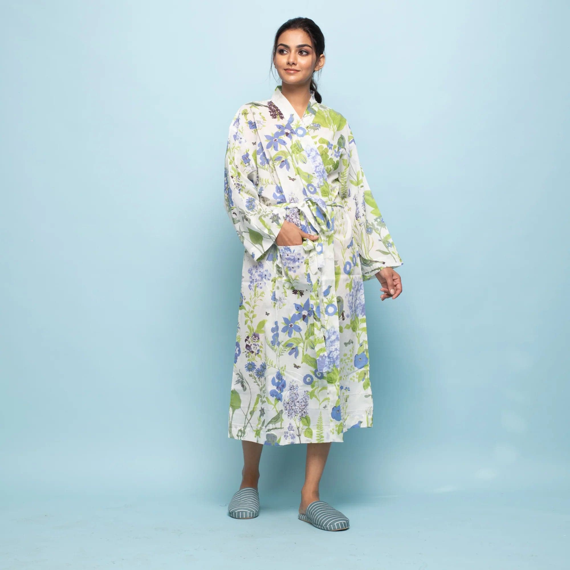 Blue Green Multi-Color Cotton Hand Printed Kimono Robe