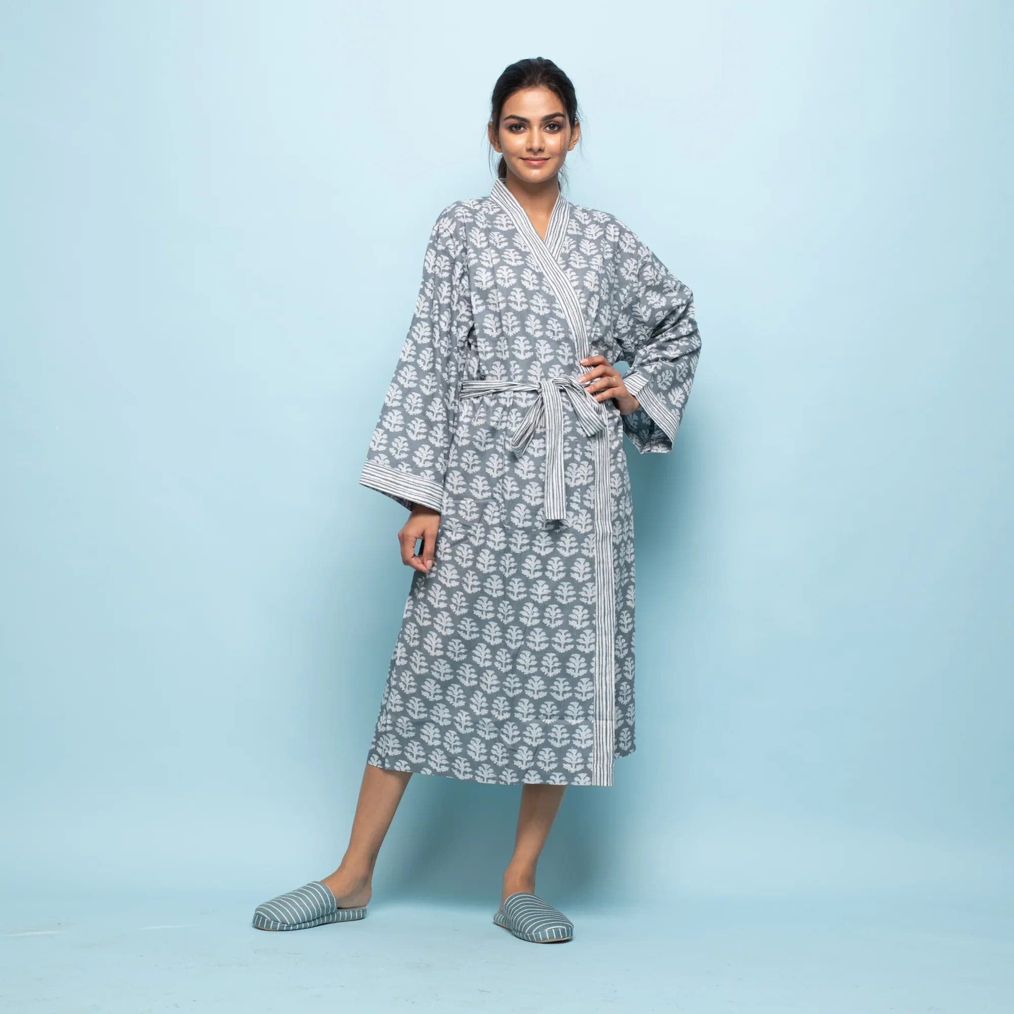 Grey Cotton Hand Printed Kimono Robe