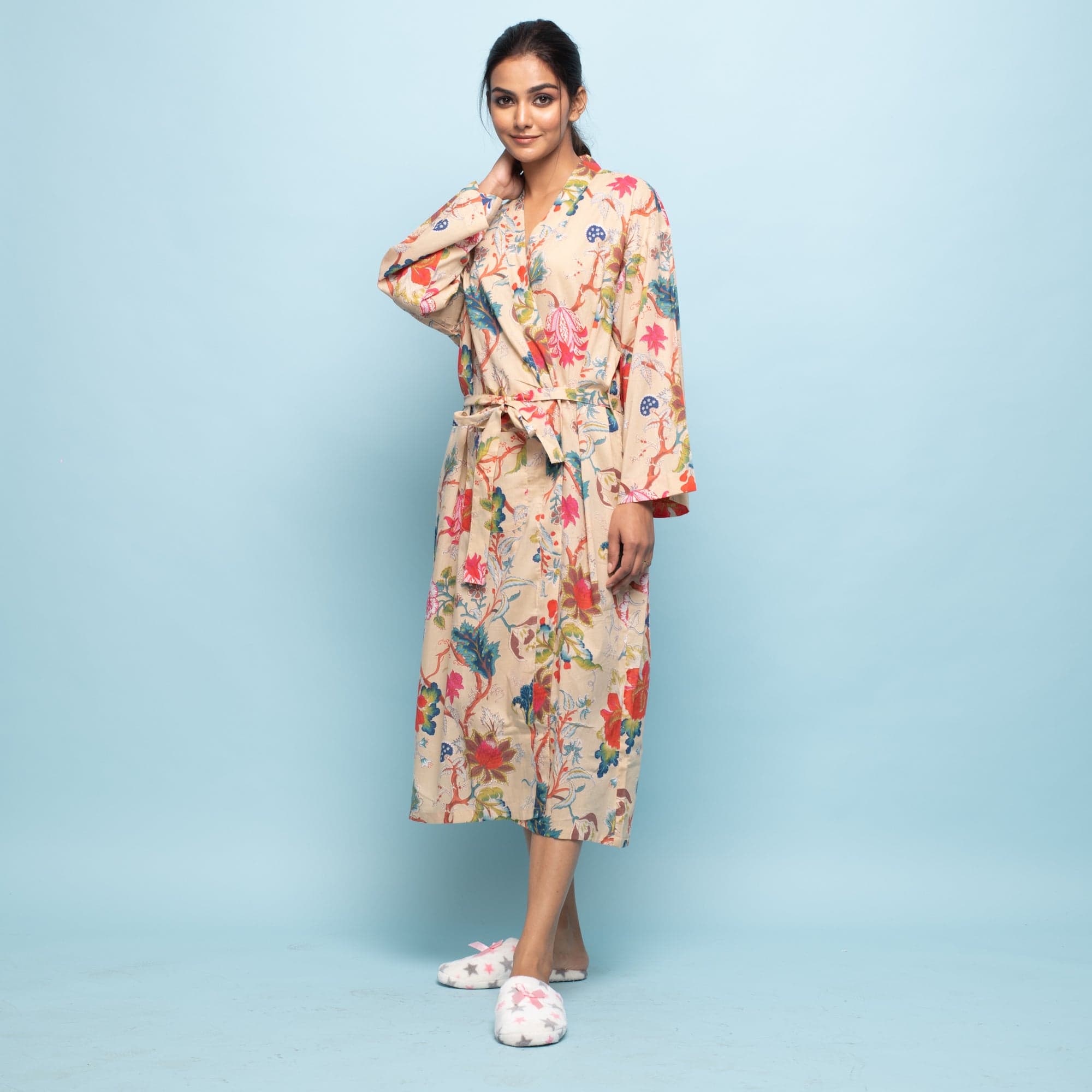 Beige Cotton Hand Printed Kimono Robe