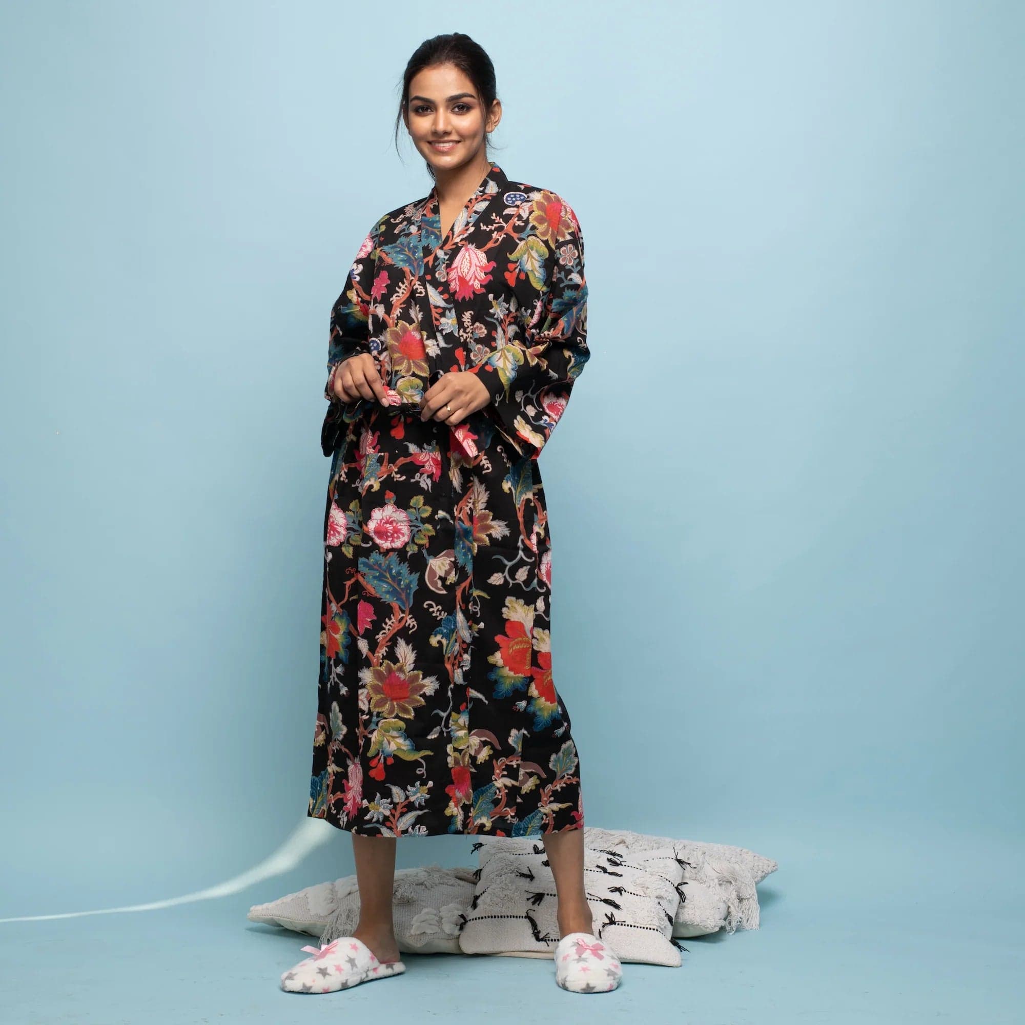 Black Cotton Hand Printed Kimono Robe