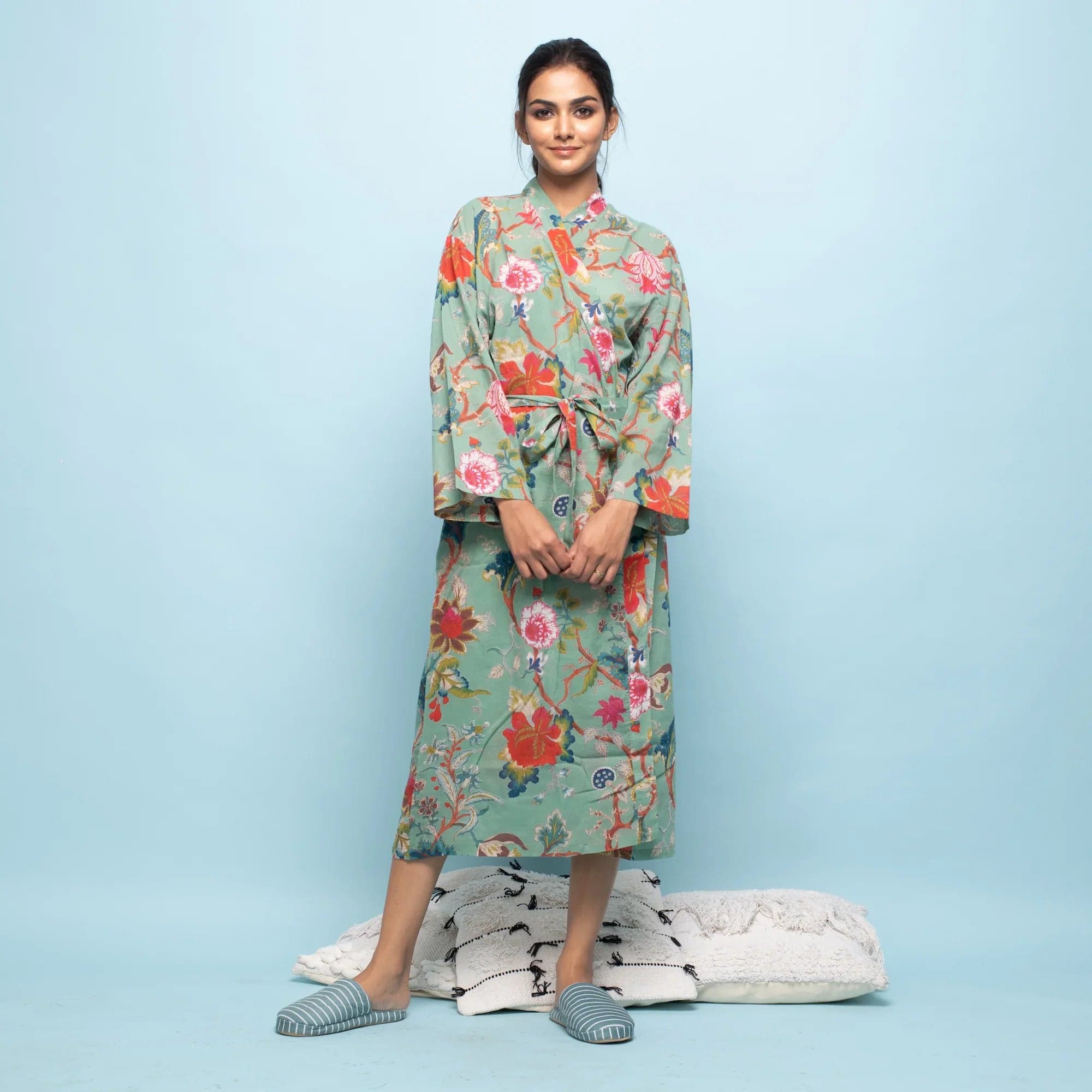 Light Green Cotton Hand Printed Kimono Robe
