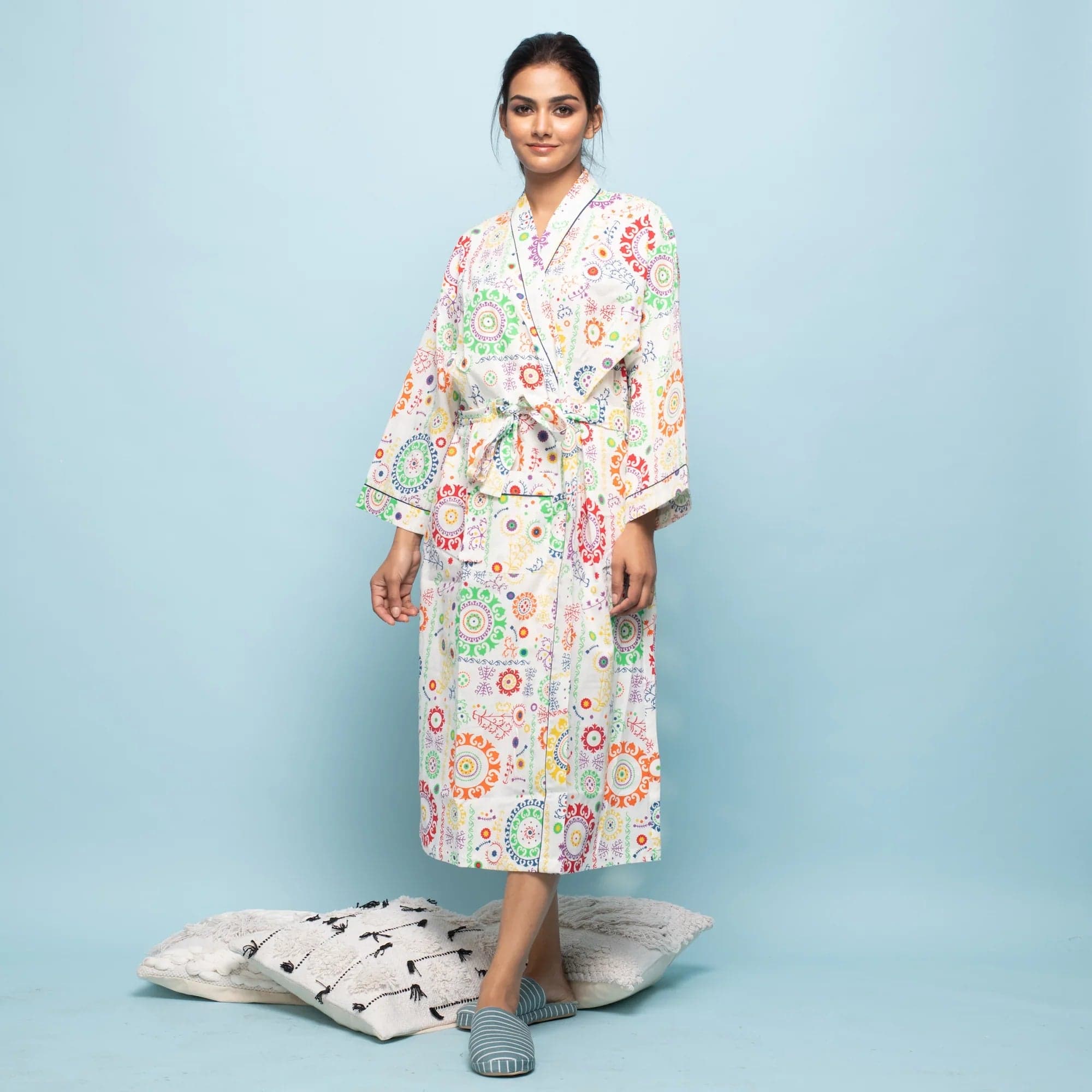 White Multicolor Cotton Hand Printed Kimono Robe