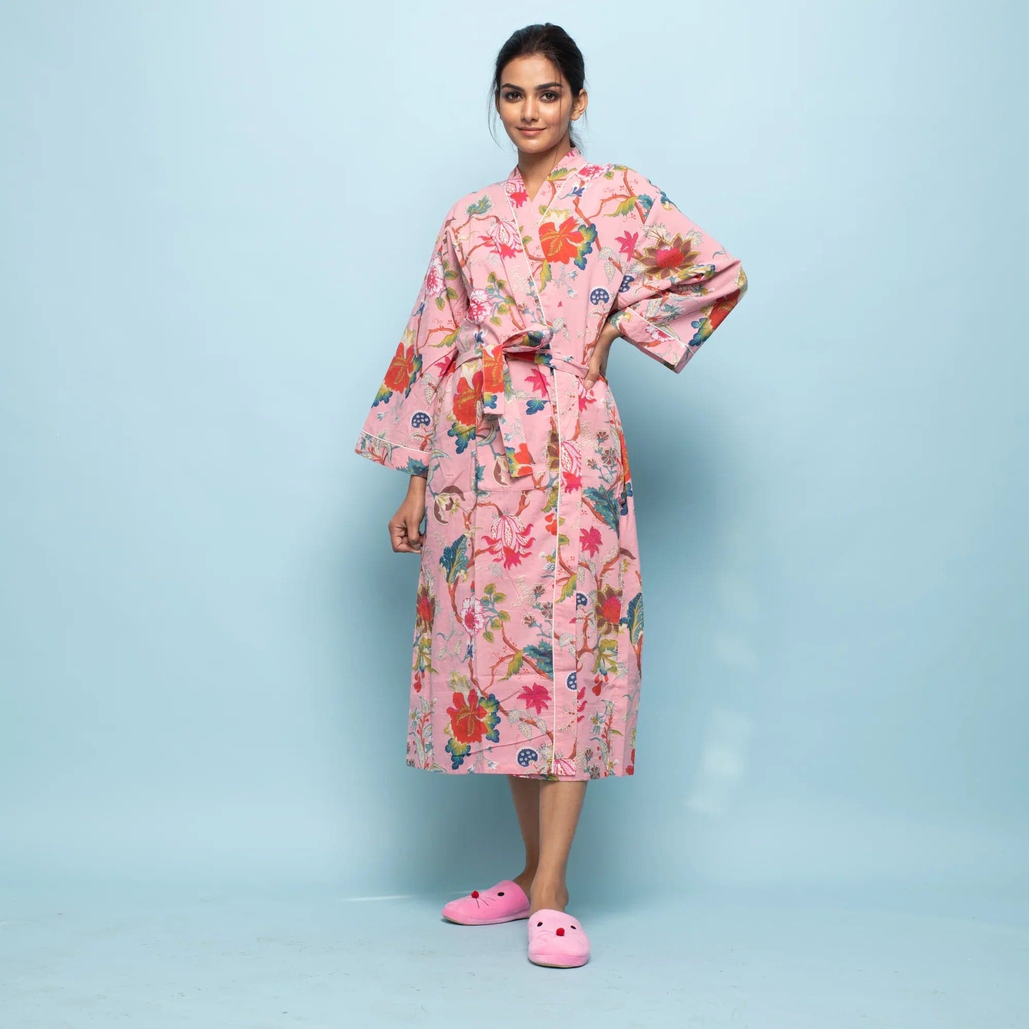 Pink Cotton Hand Printed Kimono Robe