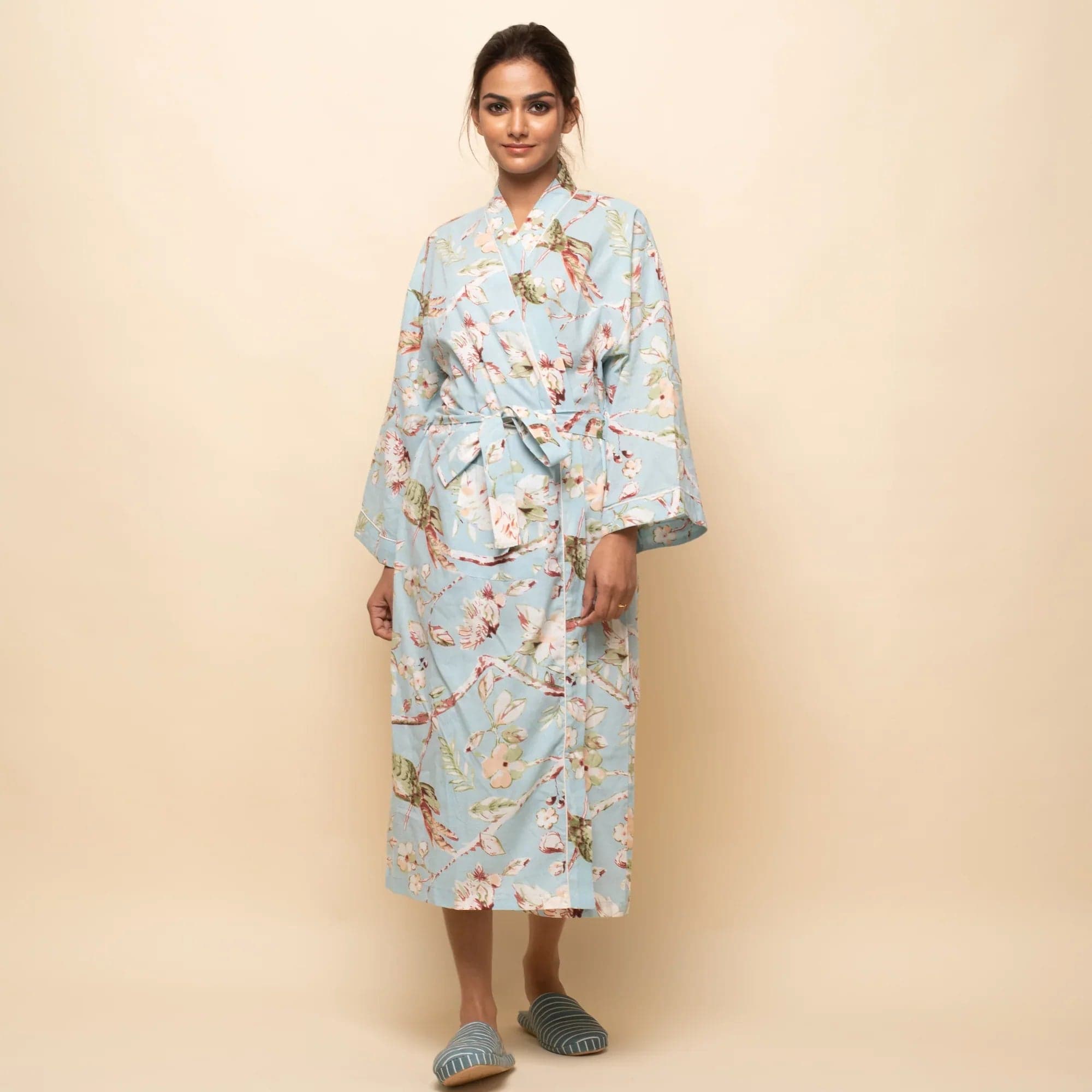 Sky Blue Cotton Hand Printed Kimono Robe