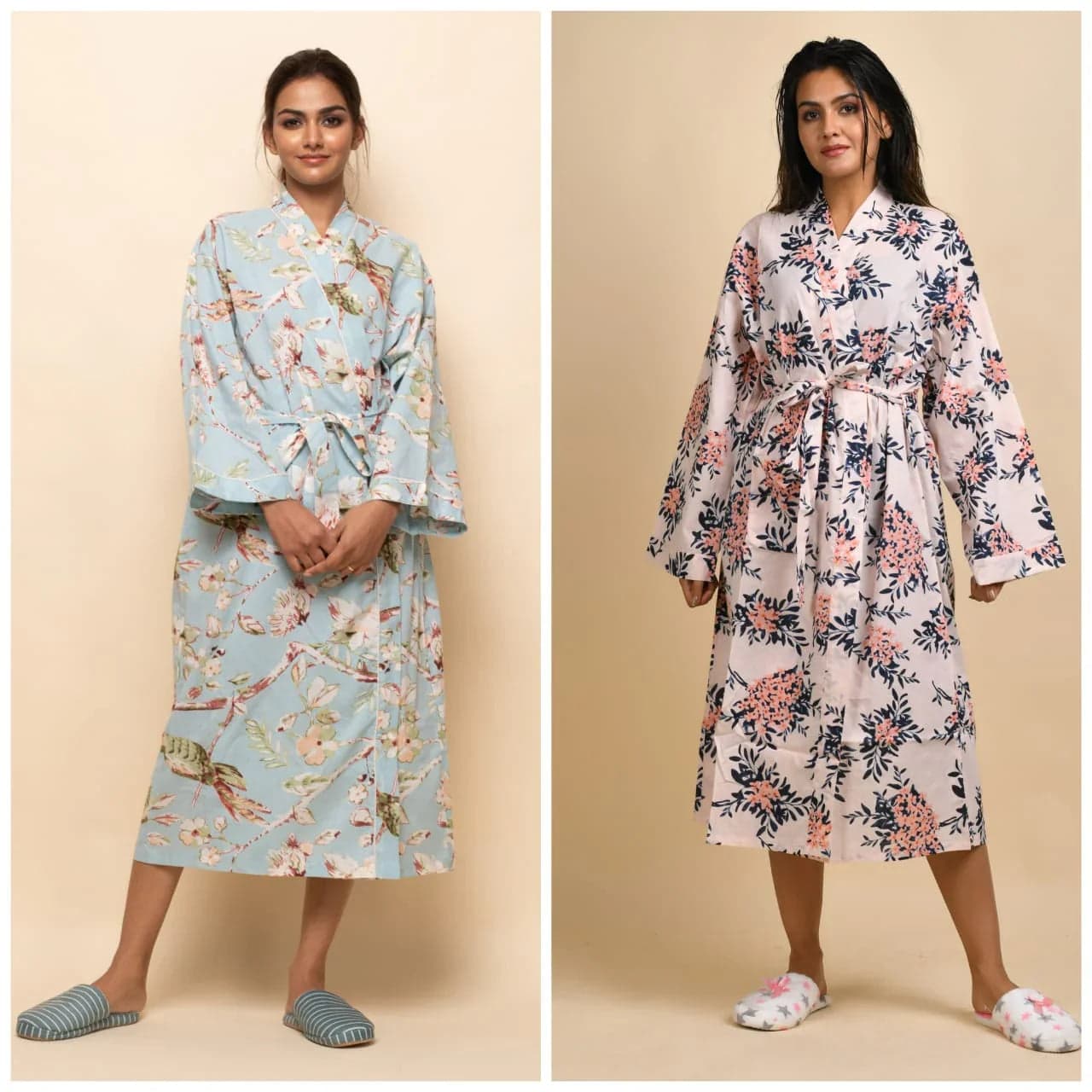 Set Of 2 Cotton Hand Printed Kimono Robe