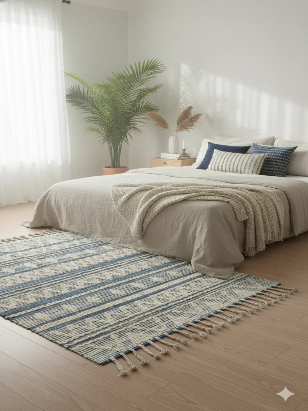Blue & Cream Striped Geometric Cotton Rug With Fringe