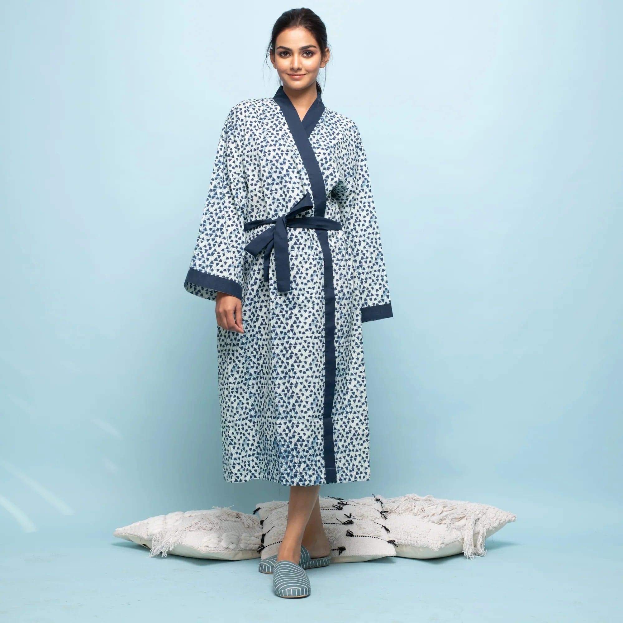 Triangle Print Indigo Cotton Hand Printed Kimono Robe