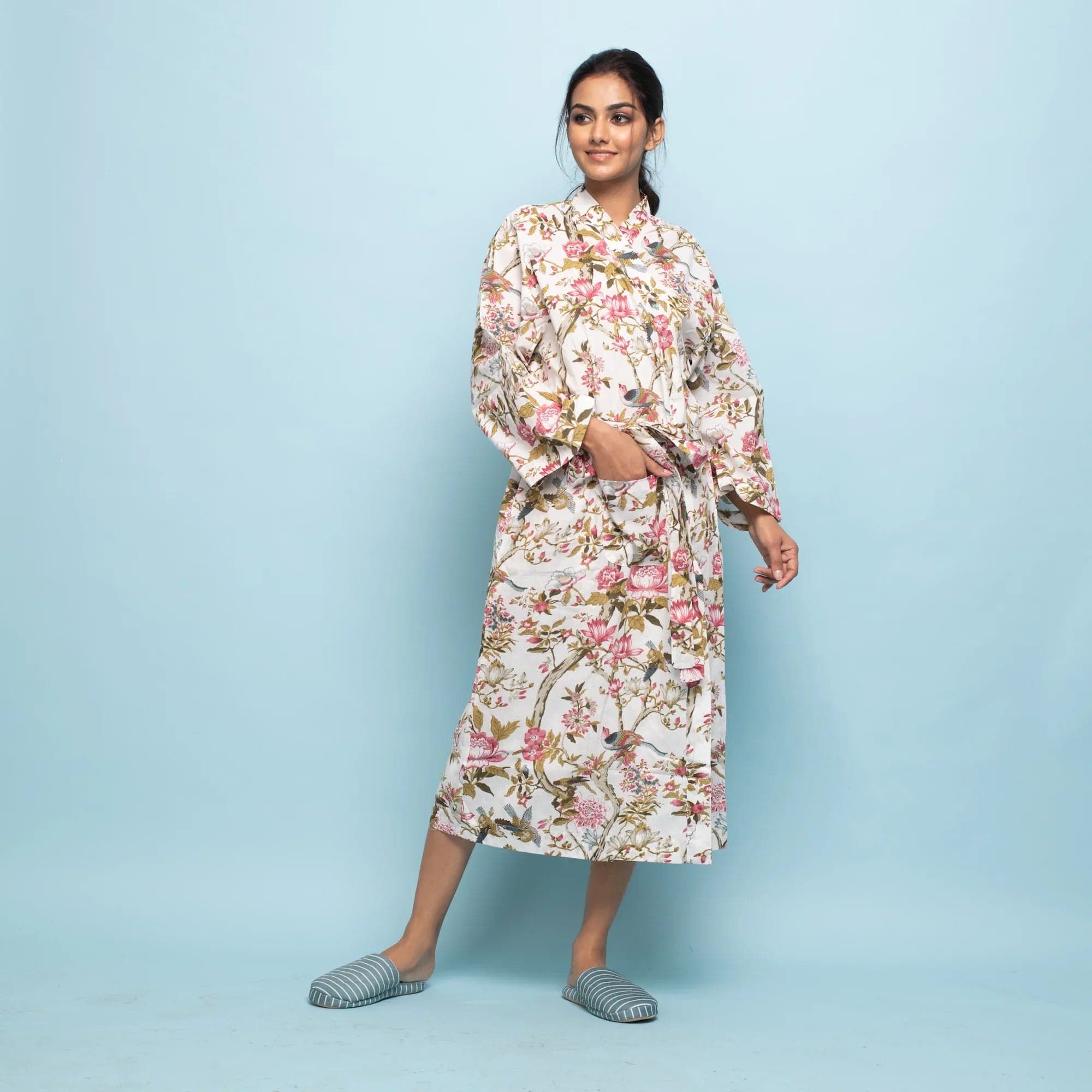 Pink Floral Cotton Hand Printed Kimono Robe