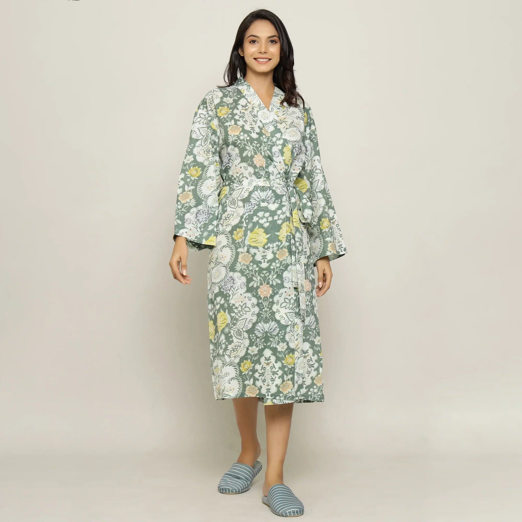 Green Cotton Hand Printed Kimono Robe