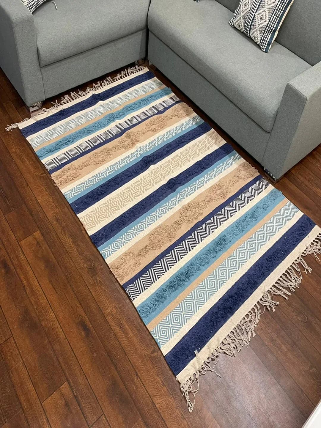 Blue Geometric Print Stripe Area Rug with Fringe