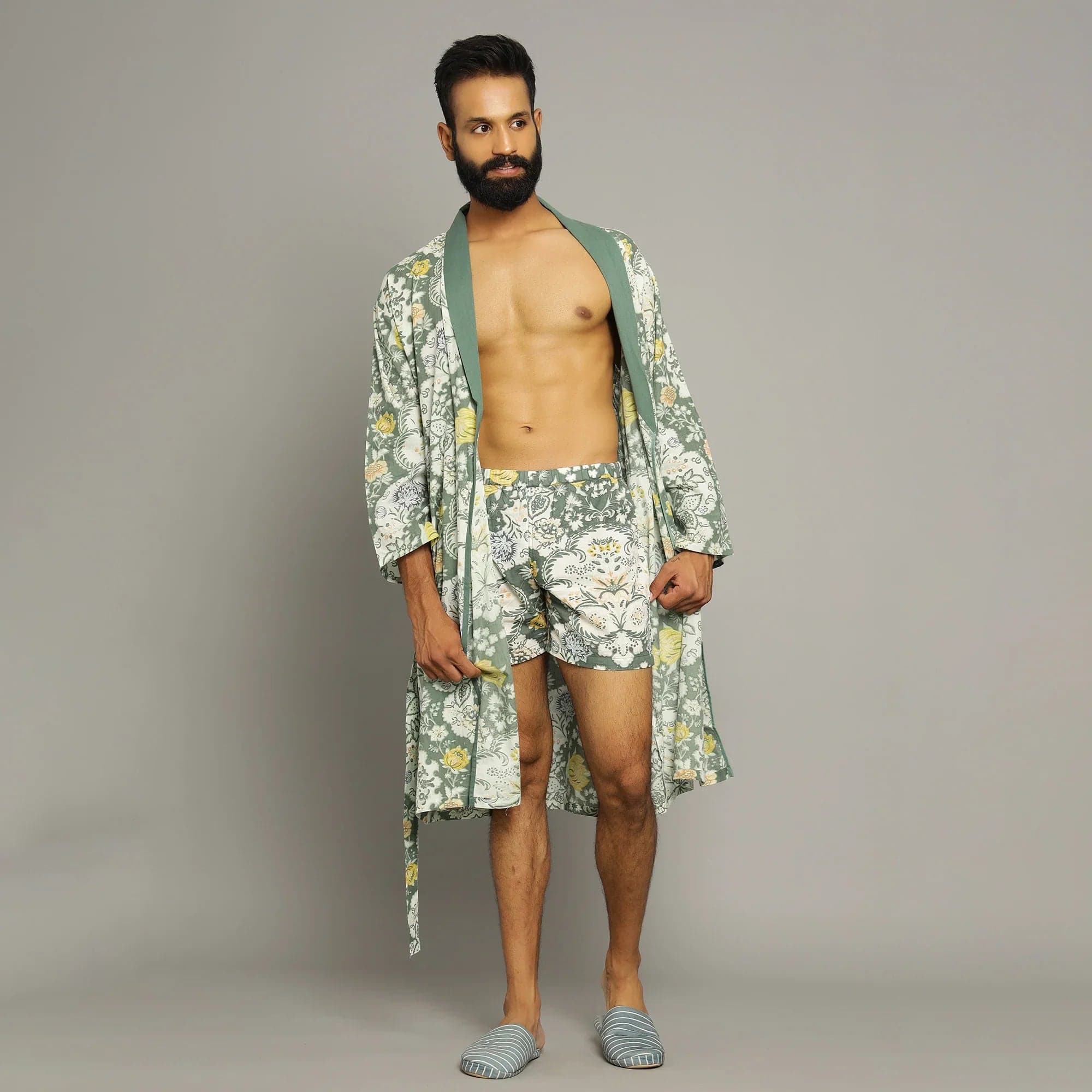 Men's Green Cotton Hand Printed Kimono Robe