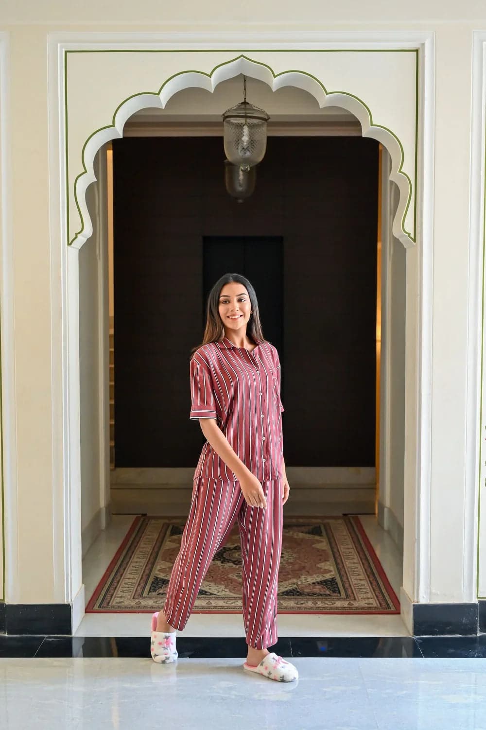 Maroon Rayon Crepe Printed Night Suit Set With Payjama