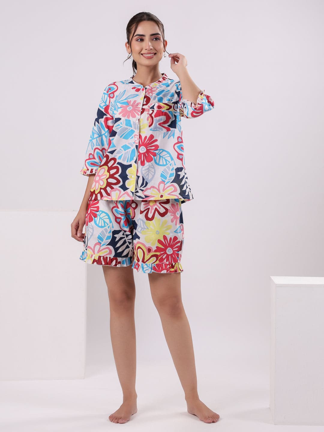 Parrot Green Cotton Floral Printed With Peter Pan Collar Night Suit Set