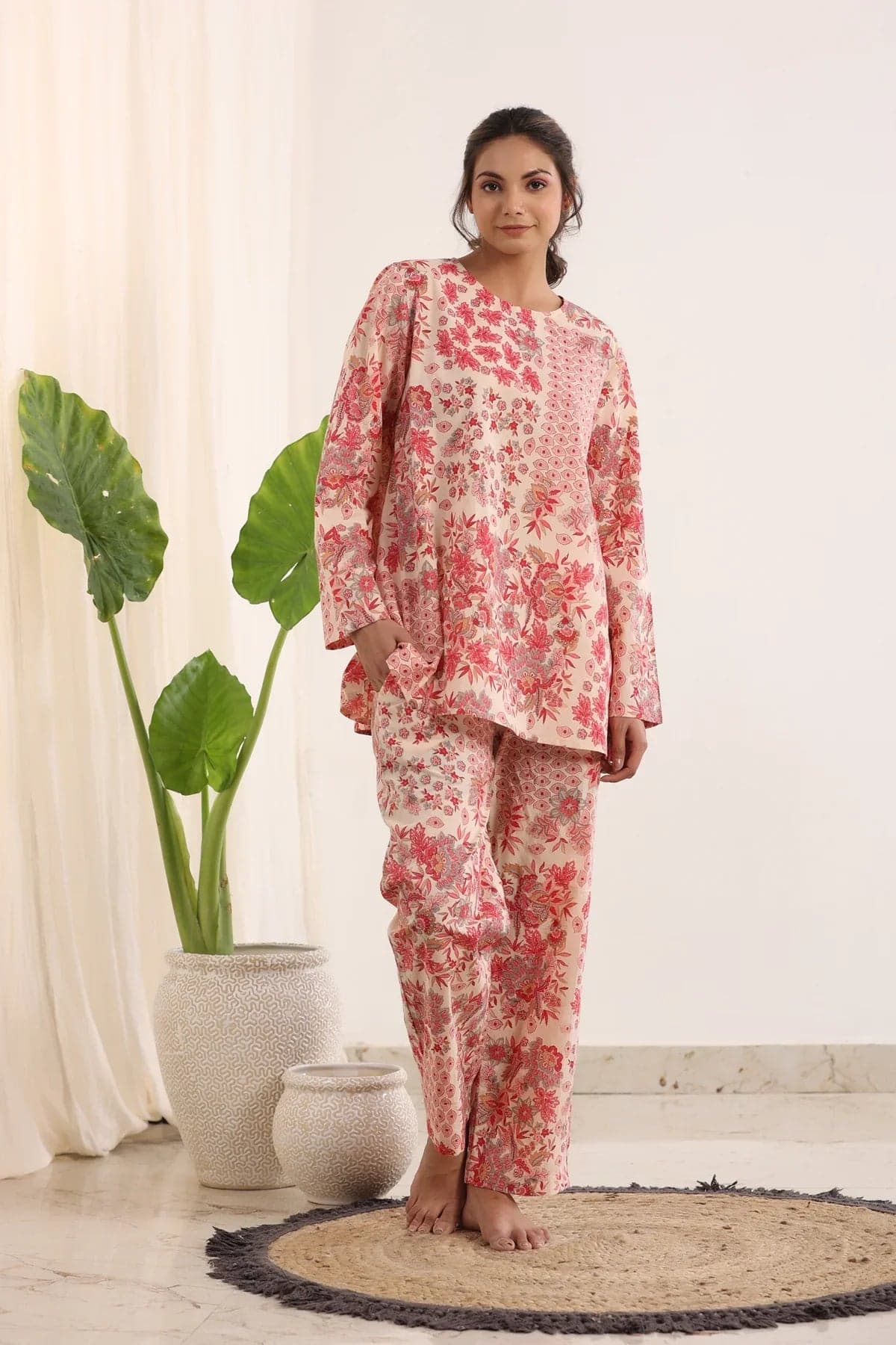 Pink & White Loose Fit Printed Night Suit