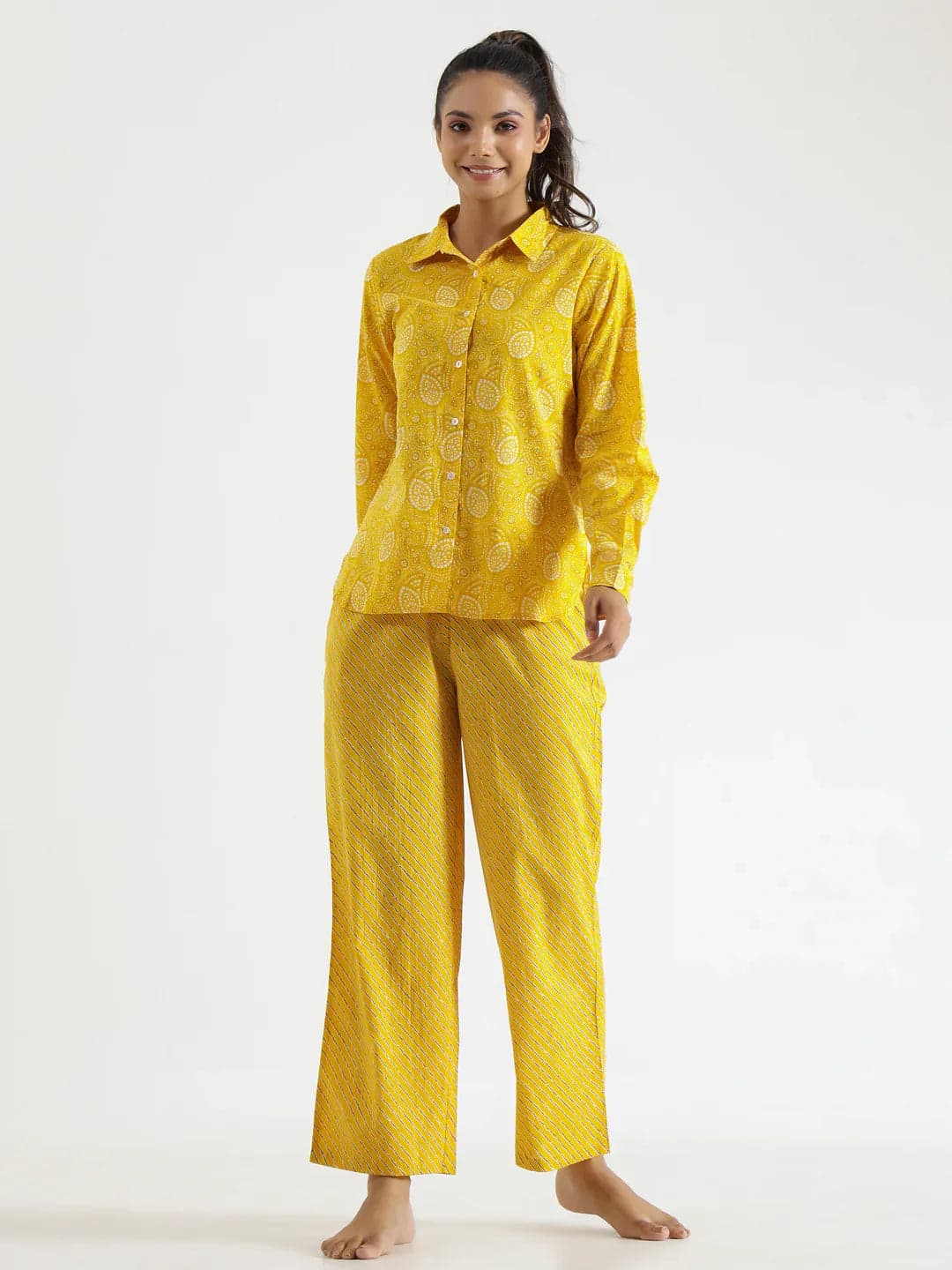Yellow & White Printed Night Suit