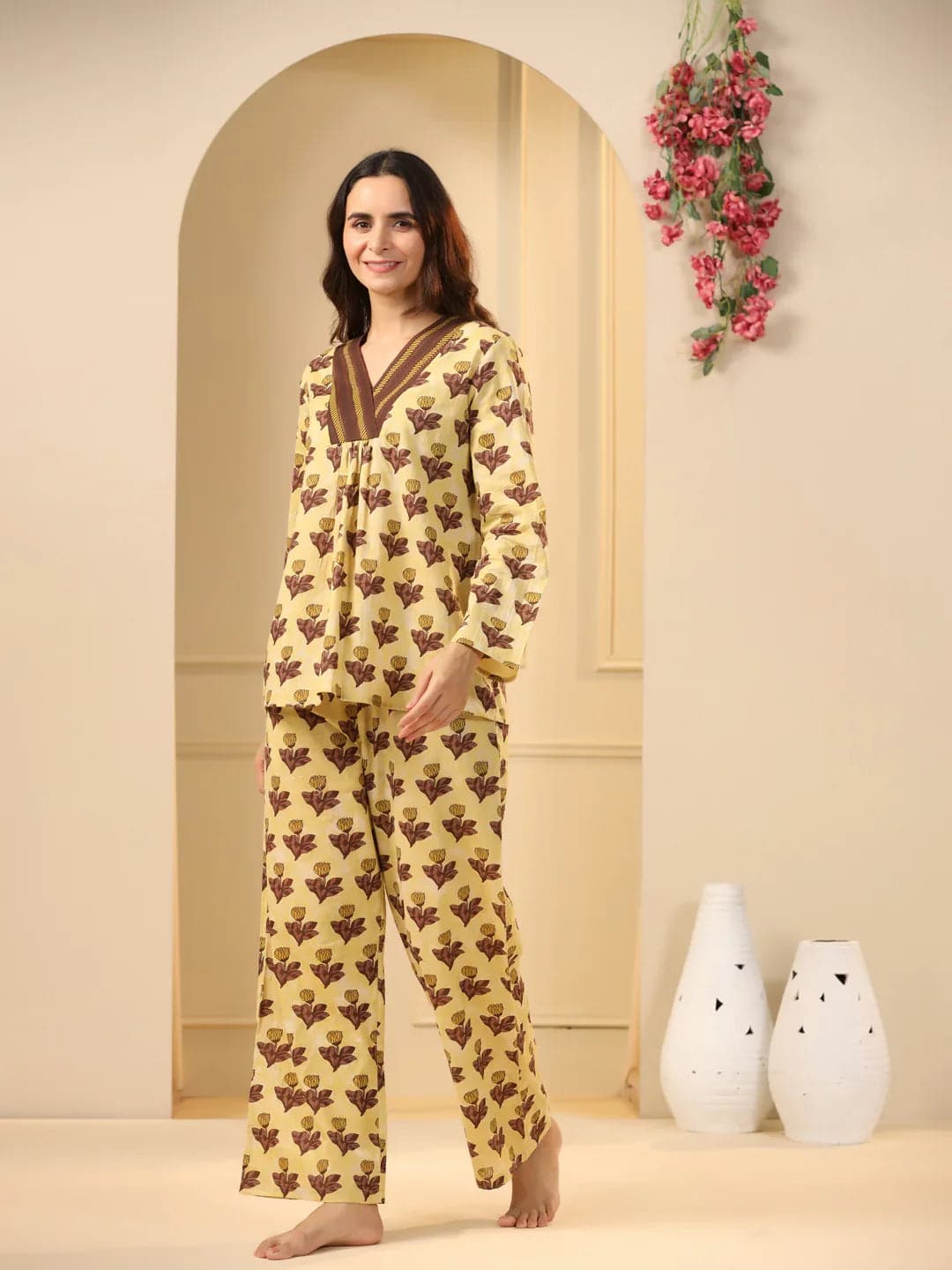 Mustard Printed Pure Cotton Night Suit Set