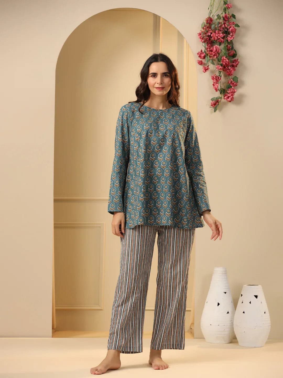 Green Cotton Printed Sleep Set
