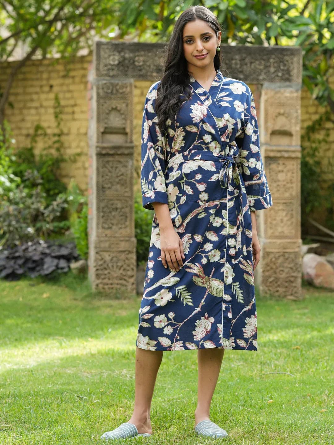 Navy Blue Cotton Printed Kimono Robe