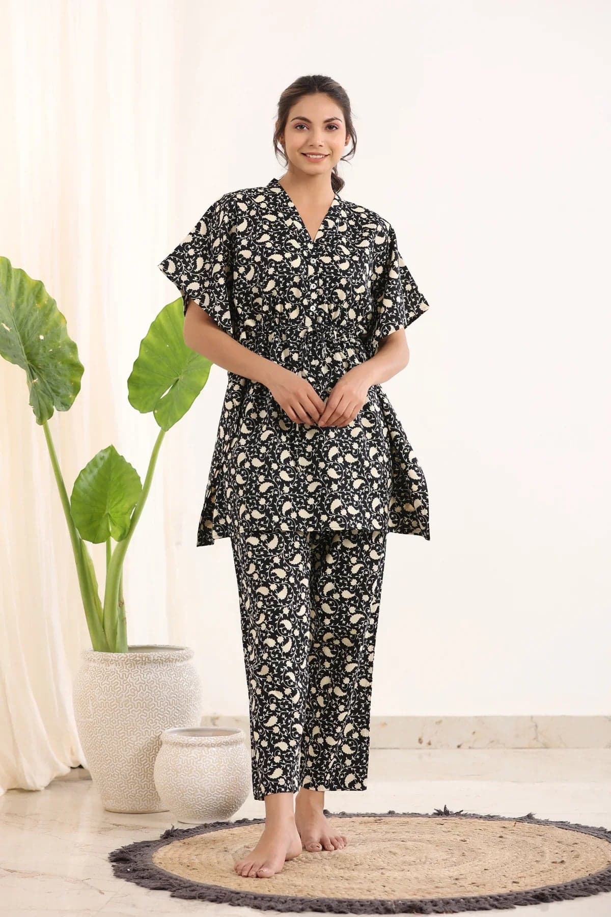 Black Cotton Printed Kaftan And Pajama Set