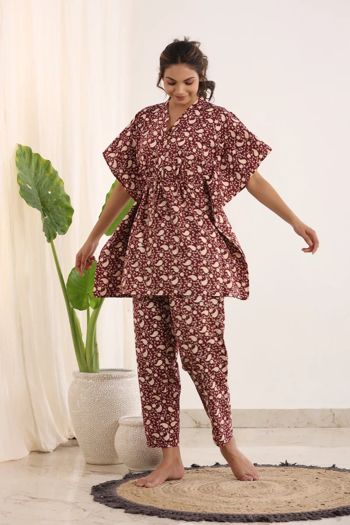 Red Cotton Printed Kaftan And Pajama Set
