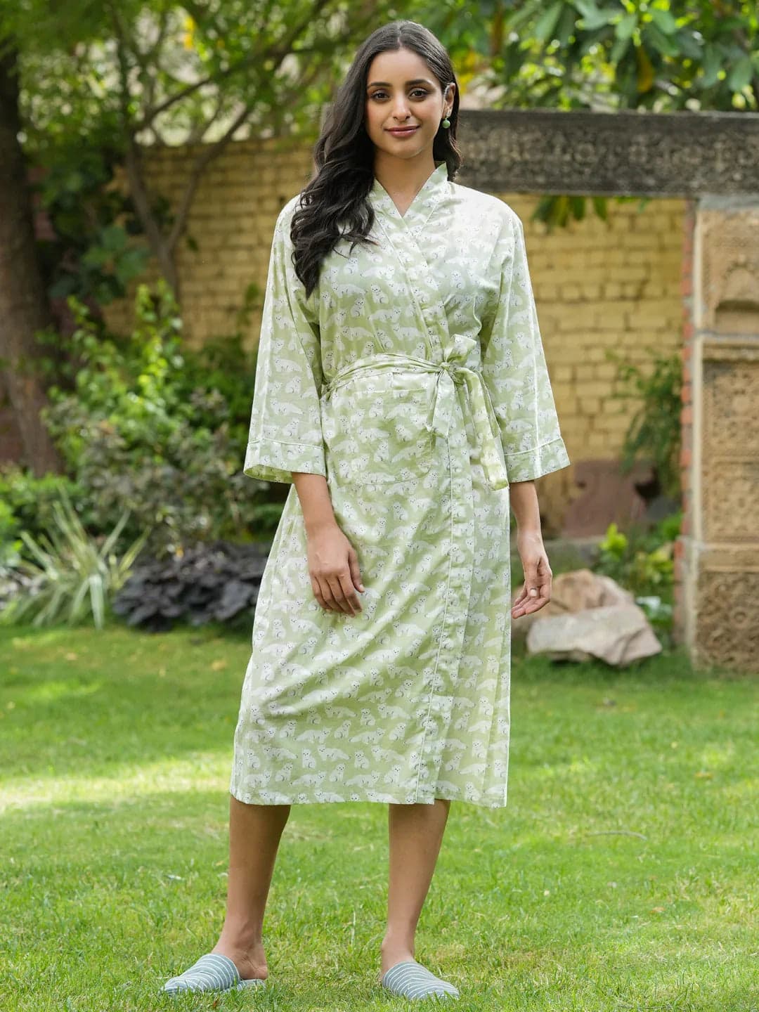 Green Cotton Printed Kimono Robe