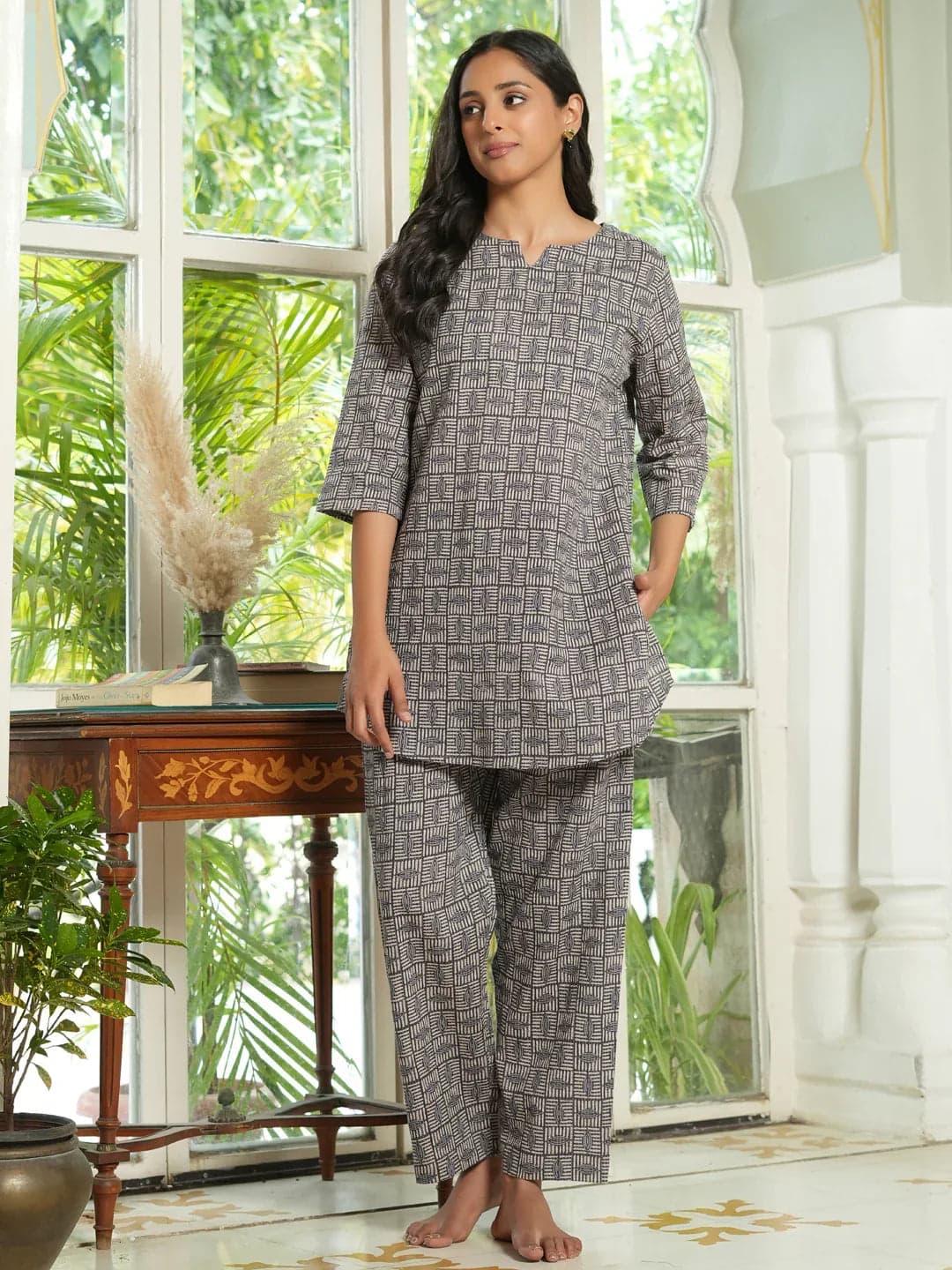 Grey Abstract Cotton Loungewear Set