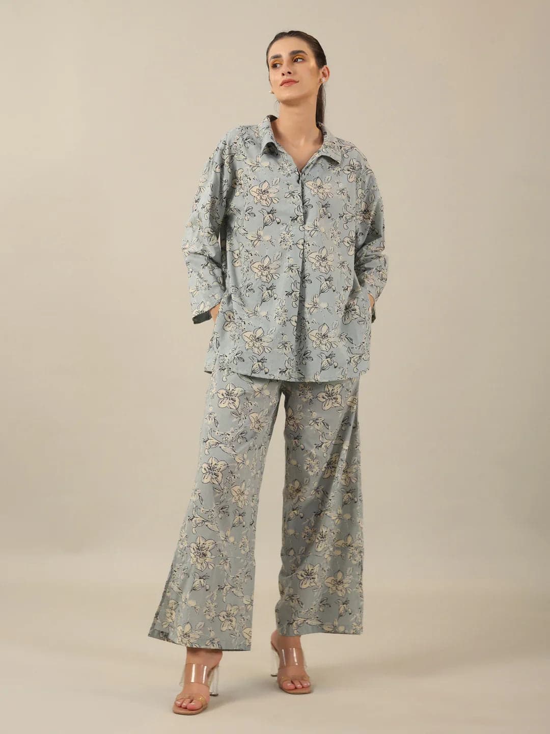 Blue Floral Loose Fit Palazzo Loungewear Set