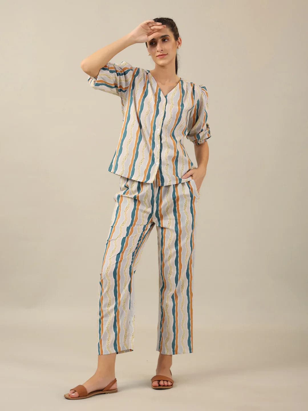 Line Print Cotton Night Suit