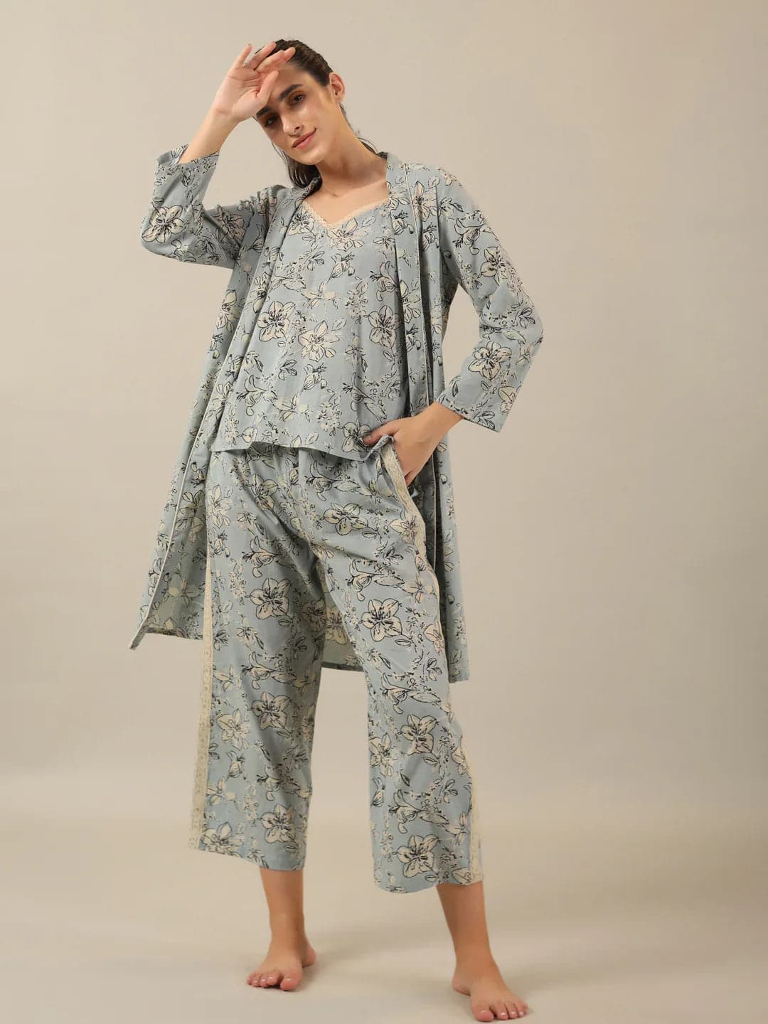 Powder Blue Pure Cotton 3 Peice Night Suit