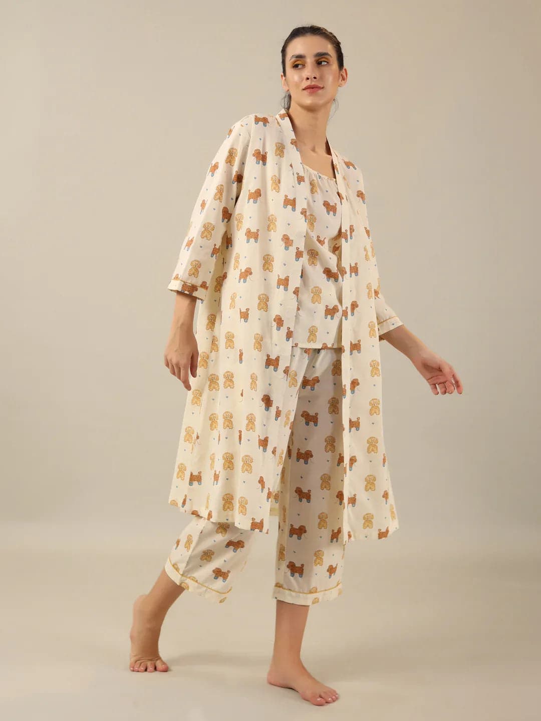 Dog Print Pure Cotton 3 Peice Night Suit