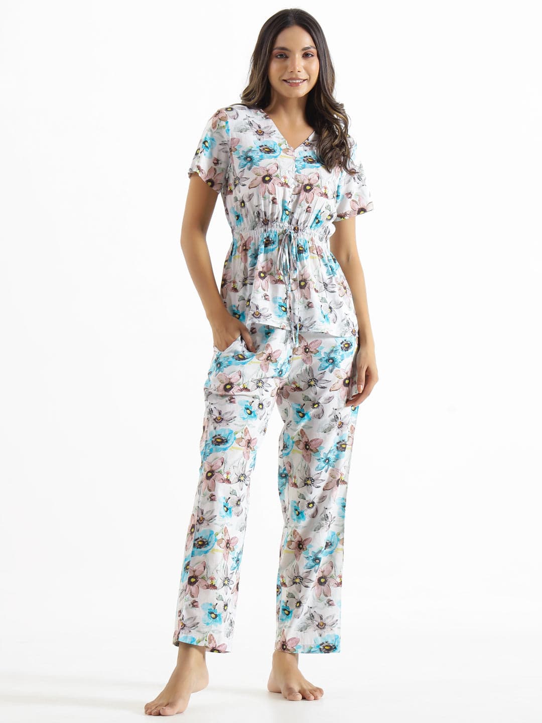 Floral Clinched Waist Cotton Night Suit