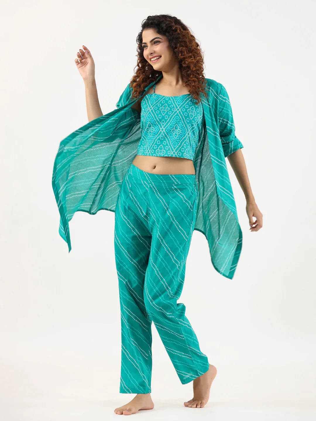 Turquoise Bhandej Cotton 3 Peice Co-Ord Set