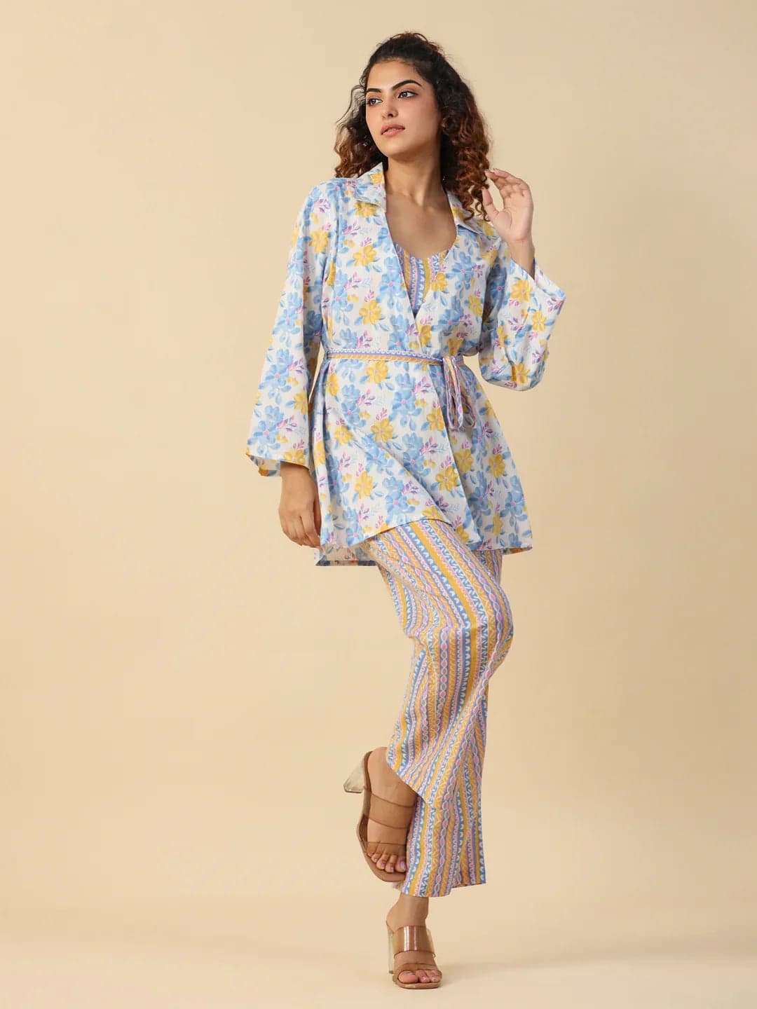 Multi- Flora 3 Pc Night Suit Set With Pyjama
