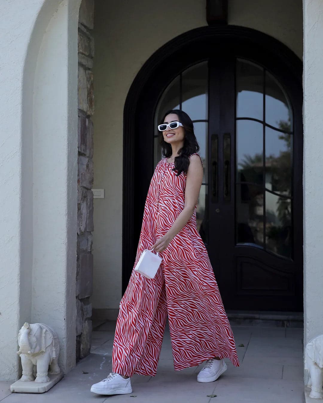Tiger Printed Red Sleeveless Jumpsuit