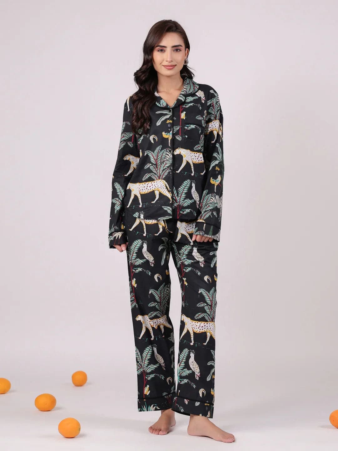 Black Animal Printed Night Suit Set For Women