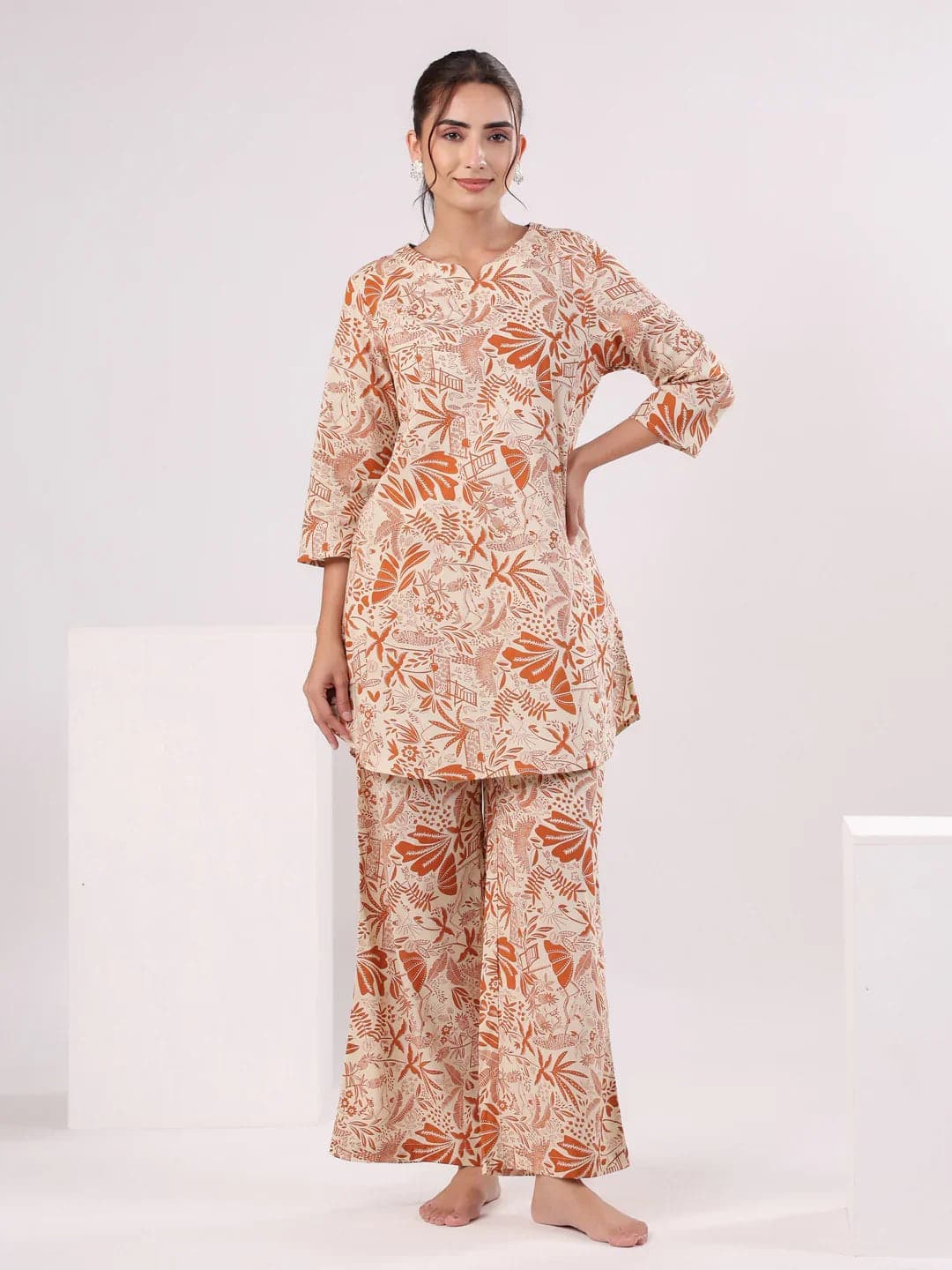 Orange Printed Cotton Night Suit Set For Women