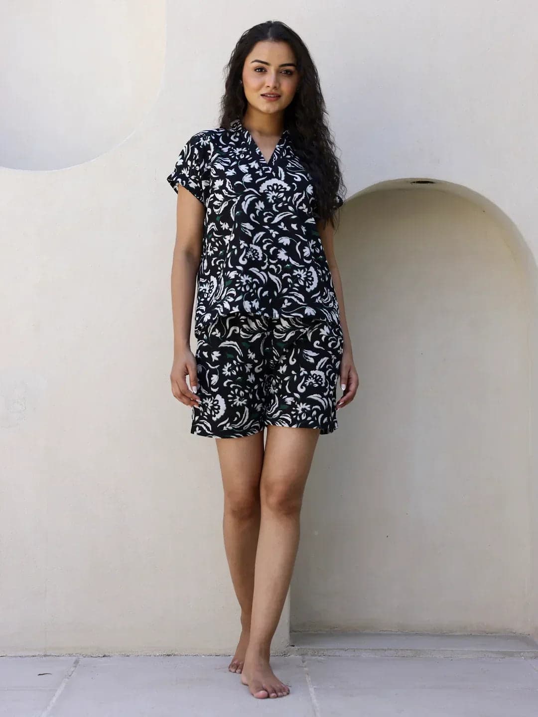Black & White Cotton Shorts Night Wear Set