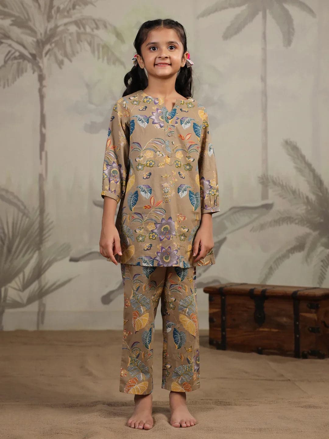 Brown Printed Cotton Night Suit For Kids