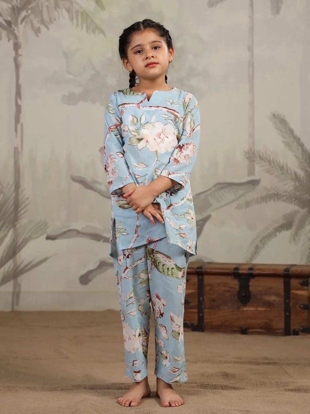 Blue Floral Printed Cotton Night Suit For Kids