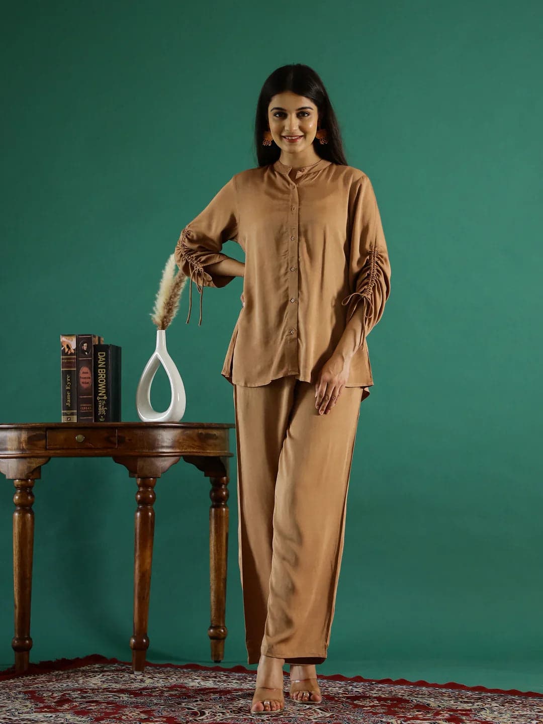 Brown Solid Print Cotton Co-Ord Set